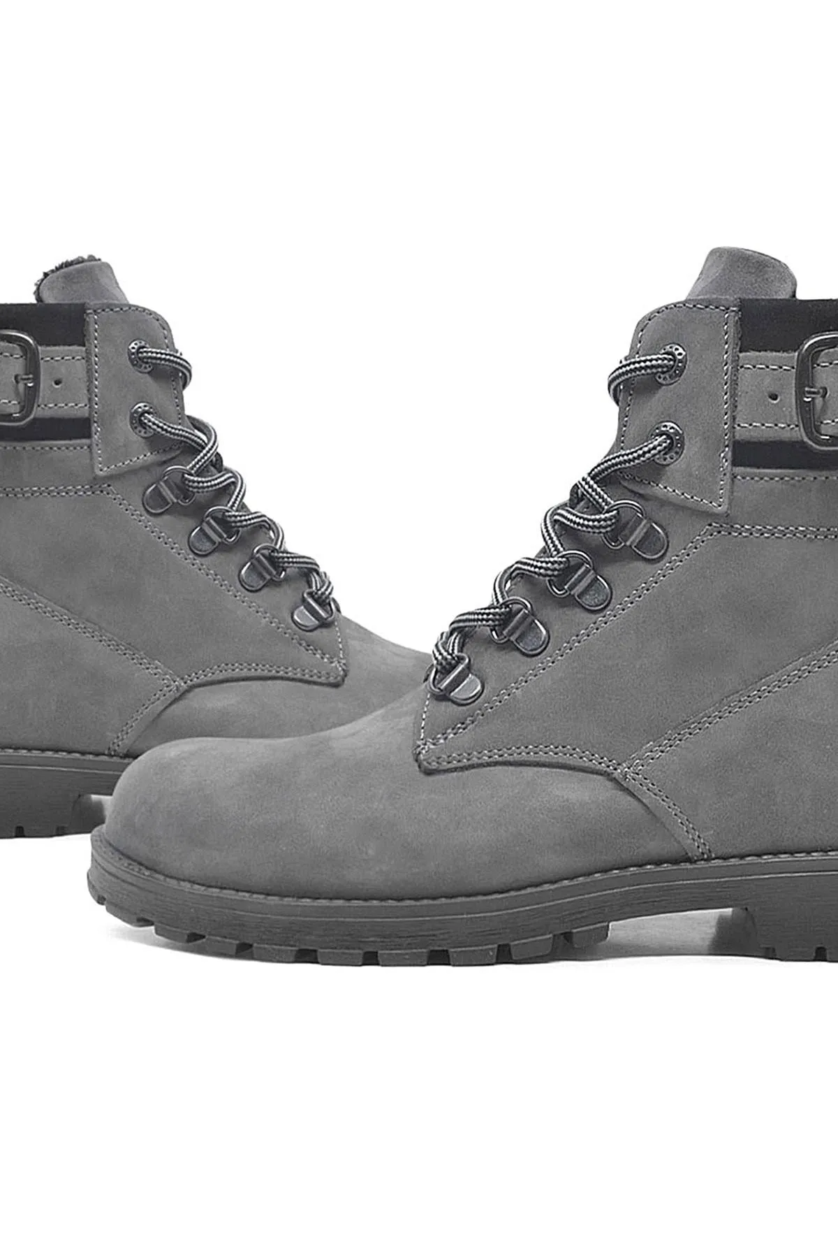 Hakiki Deri Gri Fermuarlı Bağcıklı Kürklü Bot