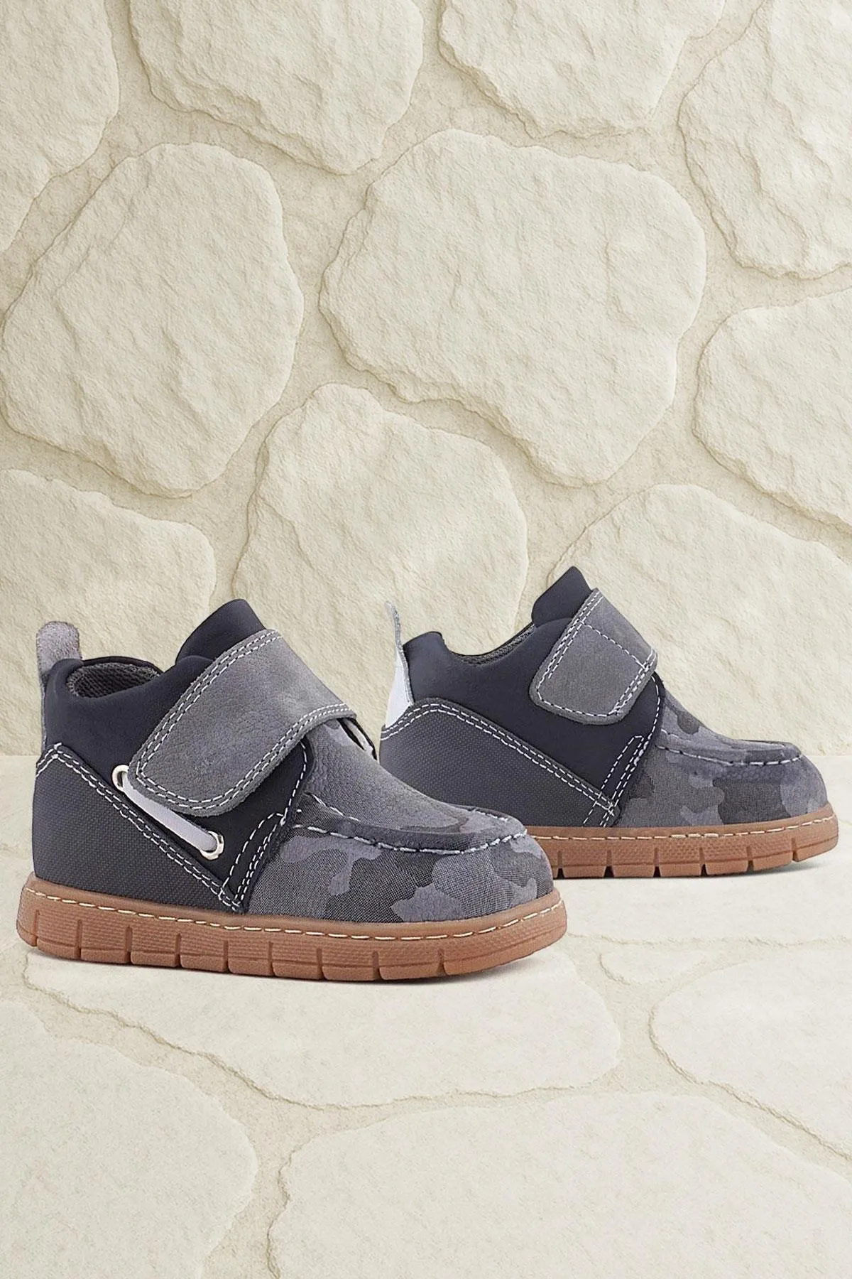 Hakiki Deri Gri Kamuflaj Desenli Cırt Cırtlı Bebek Bot