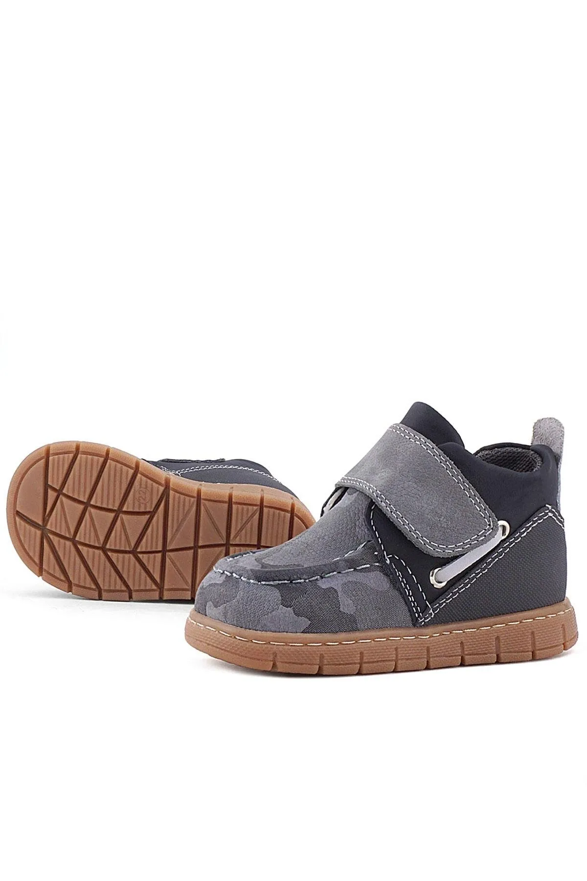 Hakiki Deri Gri Kamuflaj Desenli Cırt Cırtlı Bebek Bot