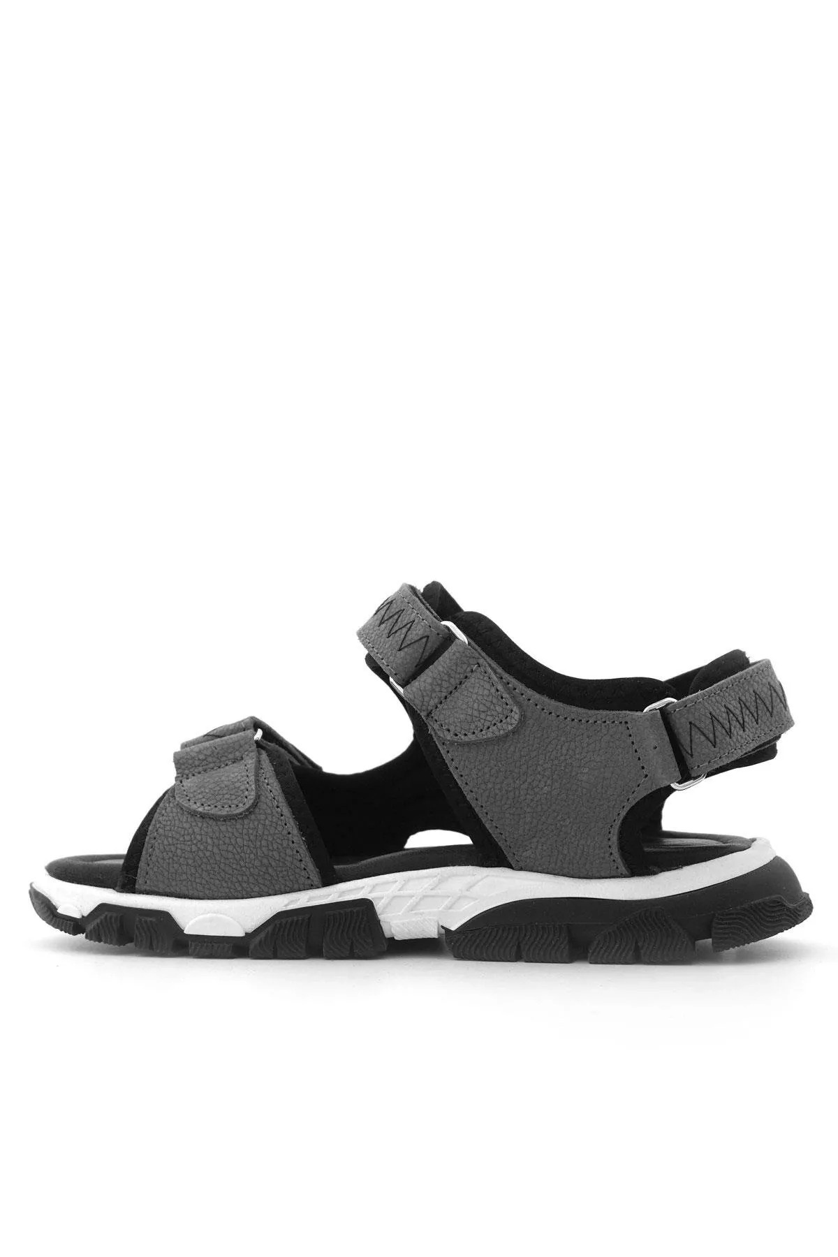 Hakiki Deri Gri Siyah Cırt Cırtlı Erkek Çocuk Sandalet