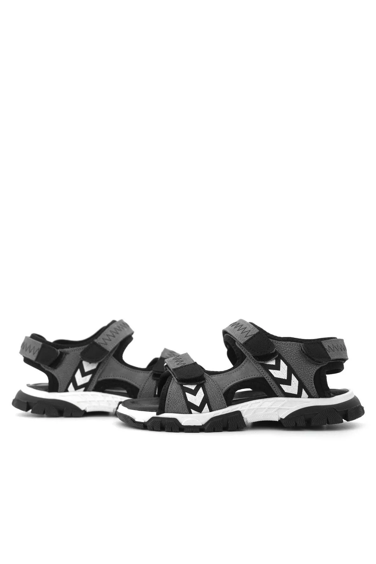 Hakiki Deri Gri Siyah Cırt Cırtlı Erkek Çocuk Sandalet