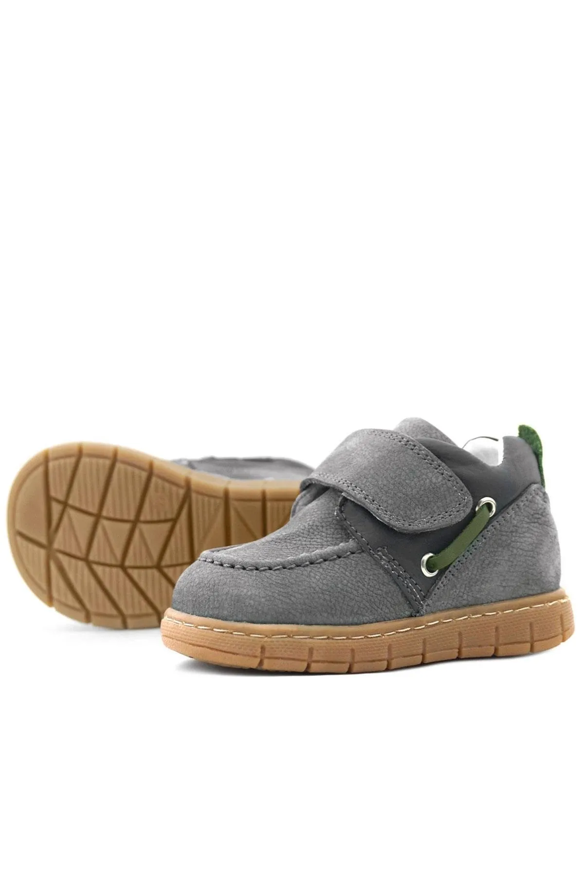 Hakiki Deri Gri Yeşil Cırt Cırtlı Bebek Bot