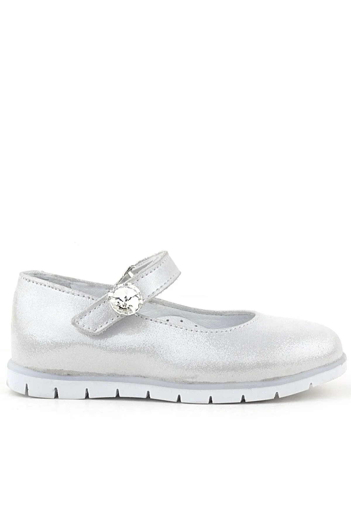 Hakiki Deri Gümüş Cırt Cırtlı Taş Detaylı Kız Çocuk Babet