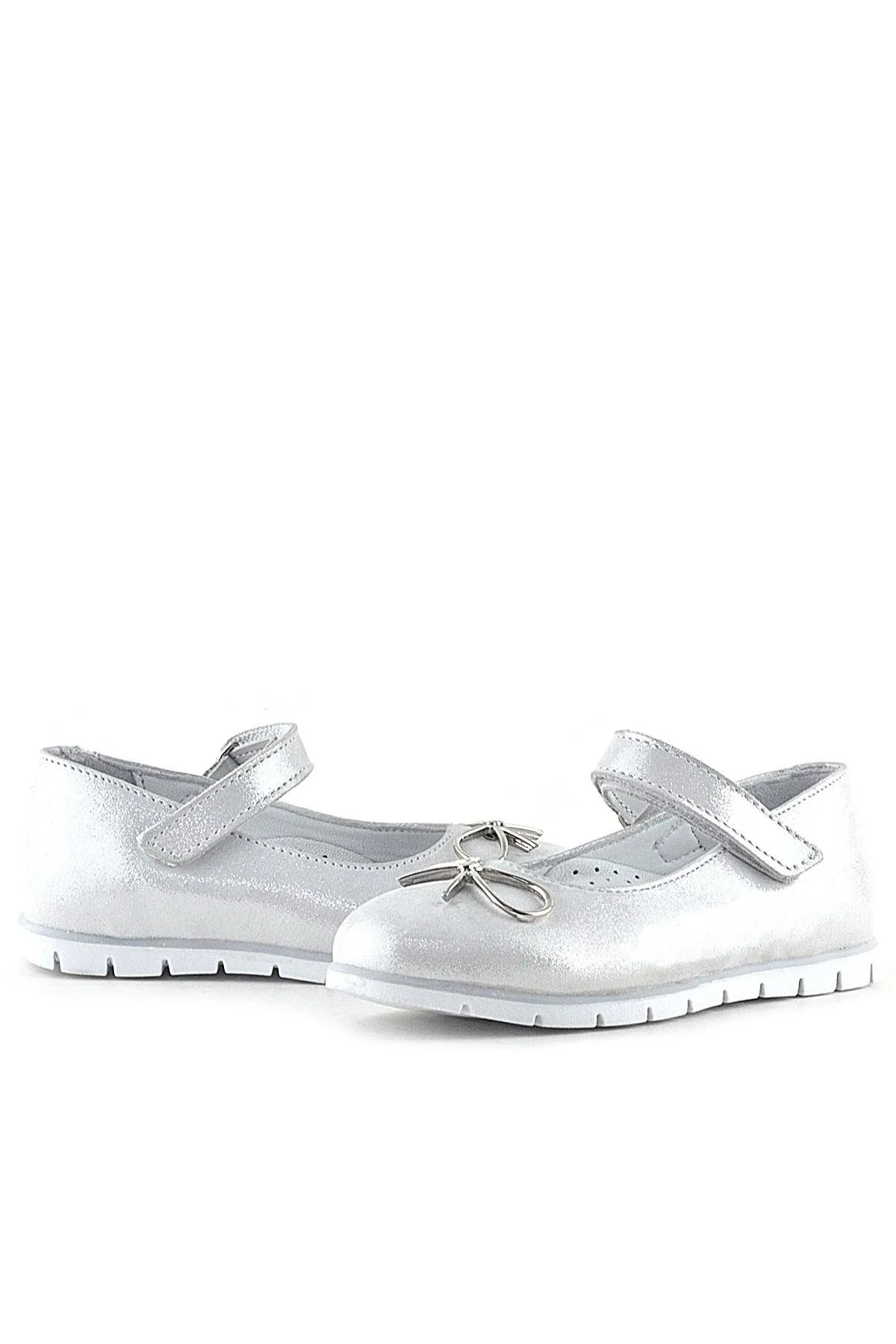 Hakiki Deri Gümüş Cırtlı Kurdele Detaylı Kız Çocuk Babet