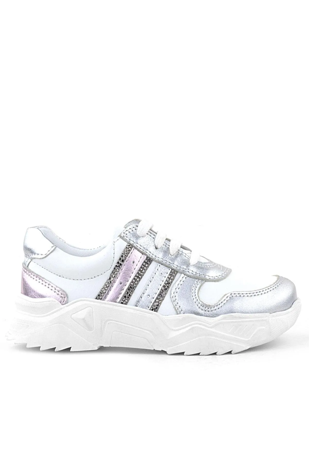 Hakiki Deri Gümüş Pembe Parlak Taşlı Kız Çocuk Sneakers Ayakkabı