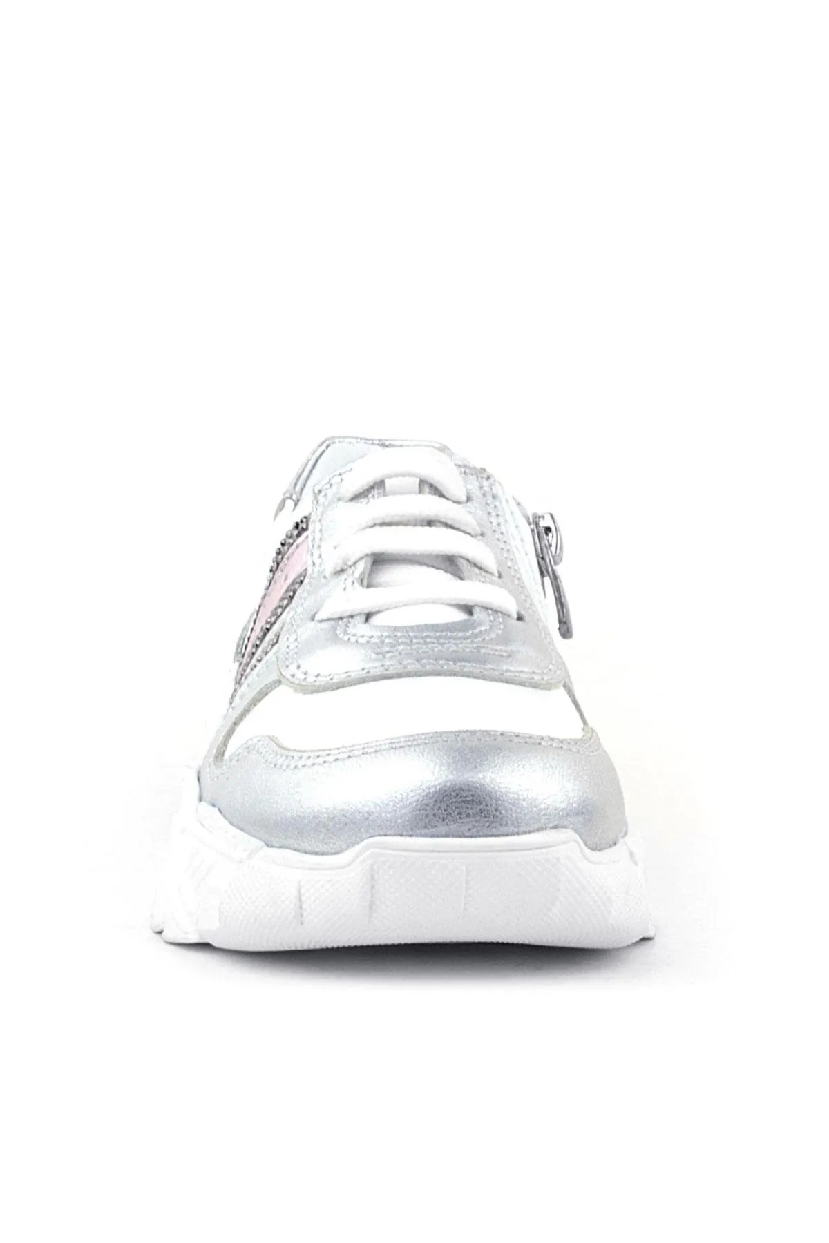 Hakiki Deri Gümüş Pembe Parlak Taşlı Kız Çocuk Sneakers Ayakkabı