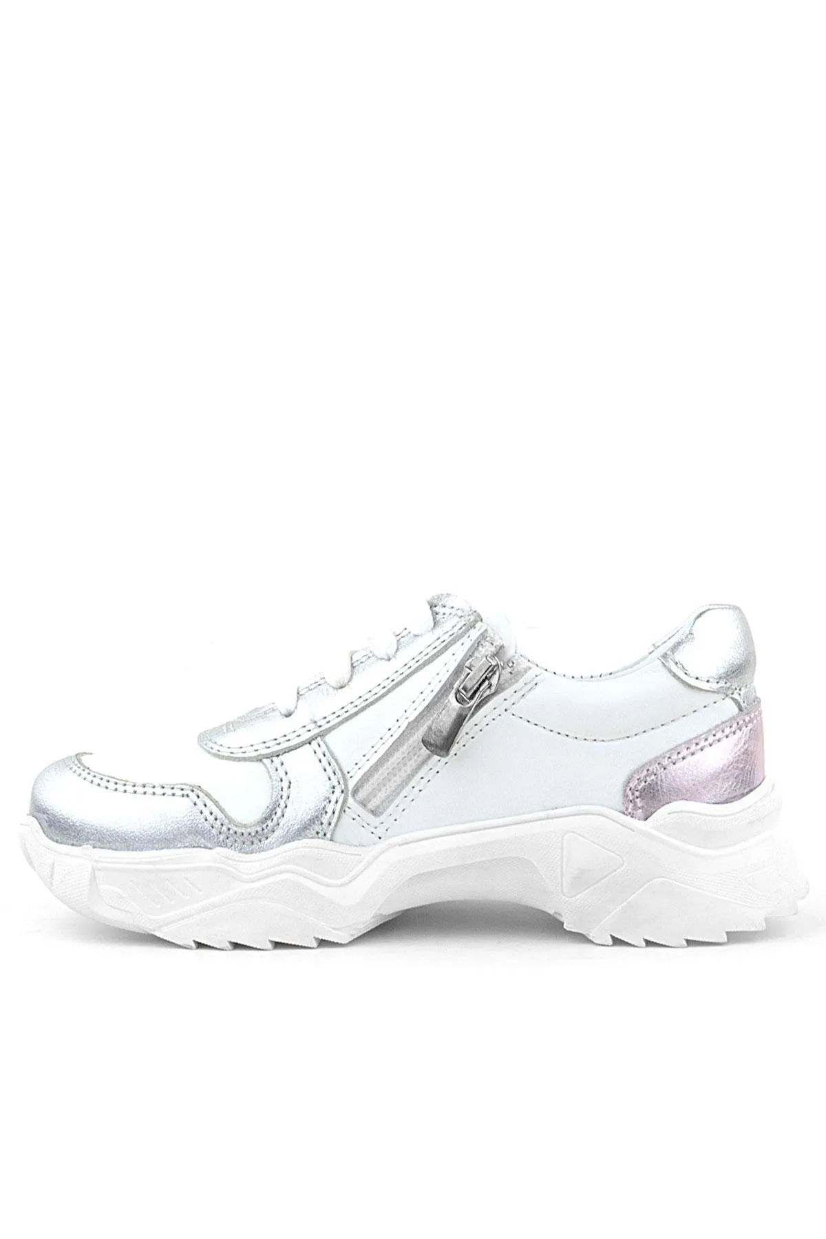 Hakiki Deri Gümüş Pembe Parlak Taşlı Kız Çocuk Sneakers Ayakkabı