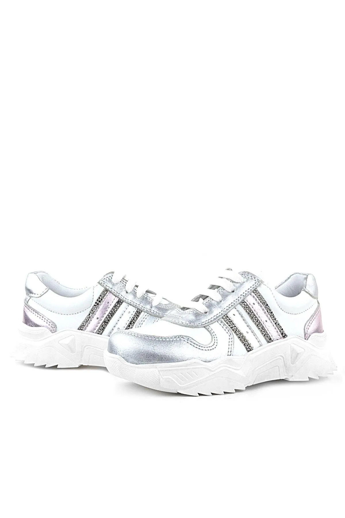 Hakiki Deri Gümüş Pembe Parlak Taşlı Kız Çocuk Sneakers Ayakkabı