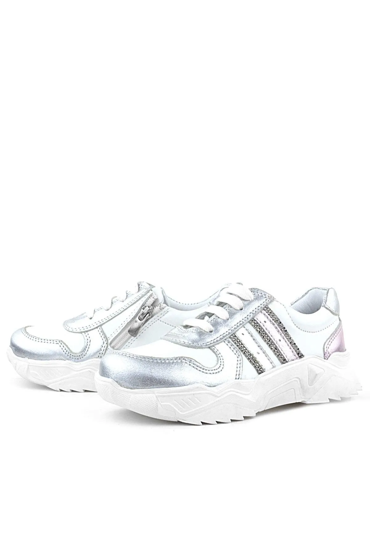 Hakiki Deri Gümüş Pembe Parlak Taşlı Kız Çocuk Sneakers Ayakkabı