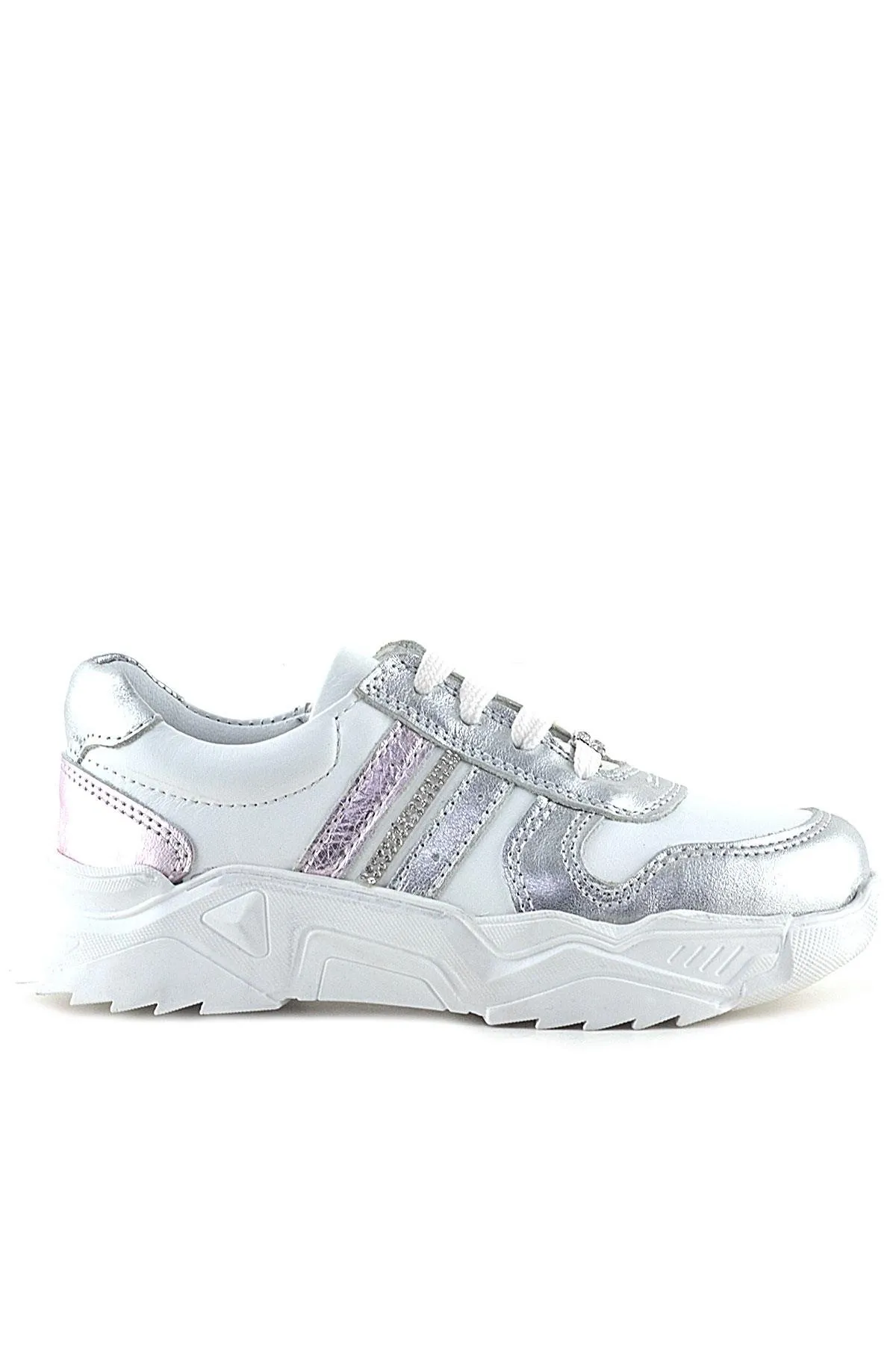 Hakiki Deri Gümüş Pembe Taşlı Kız Çocuk Günlük Ayakkabı
