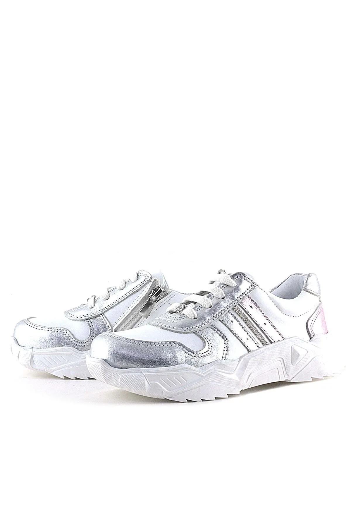 Hakiki Deri Gümüş Pembe Taşlı Kız Çocuk Günlük Ayakkabı