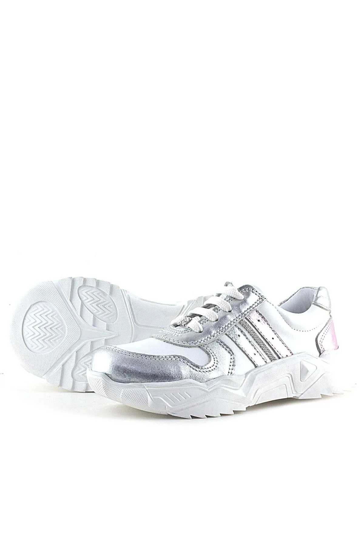 Hakiki Deri Gümüş Pembe Taşlı Kız Çocuk Günlük Ayakkabı