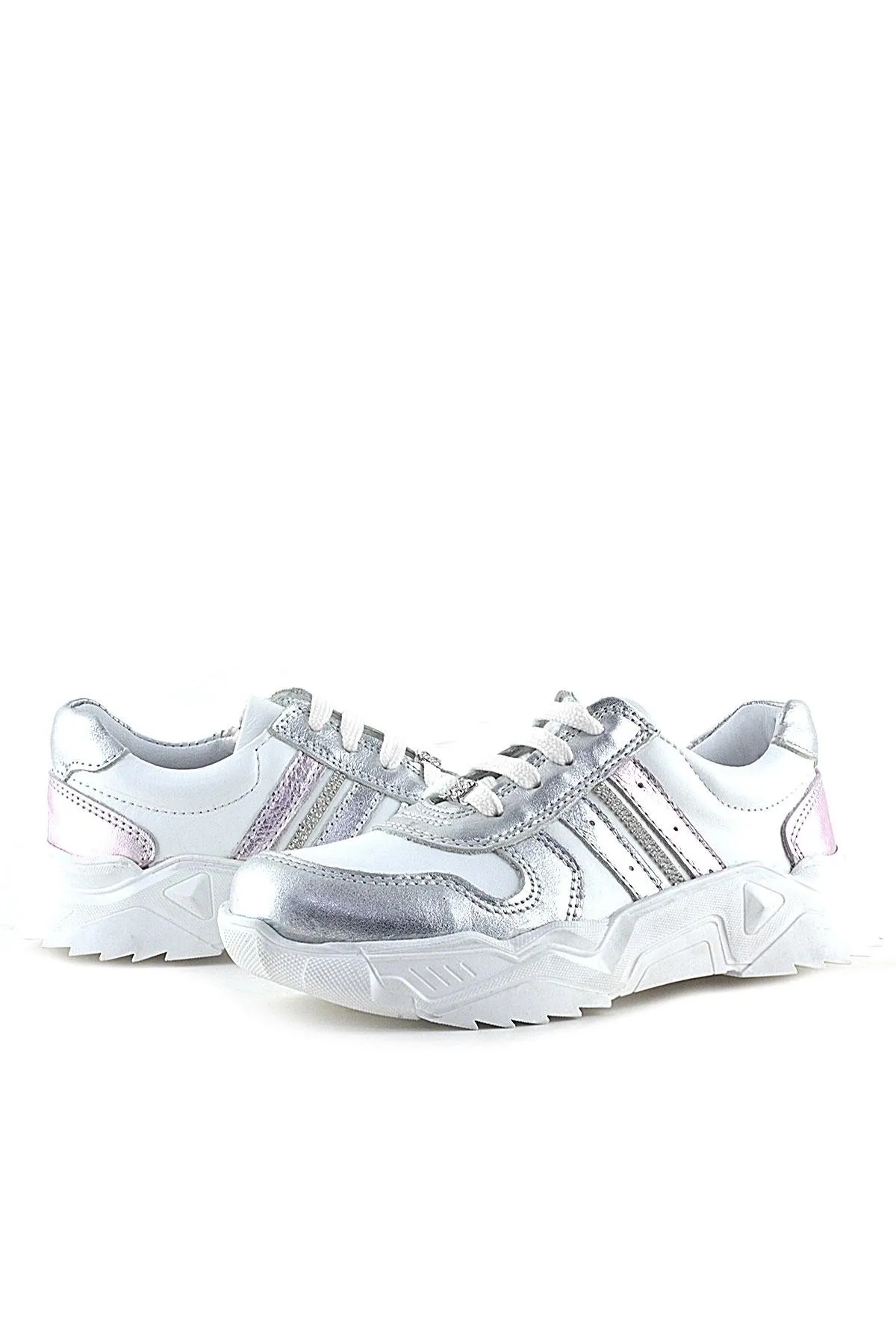 Hakiki Deri Gümüş Pembe Taşlı Kız Çocuk Günlük Ayakkabı