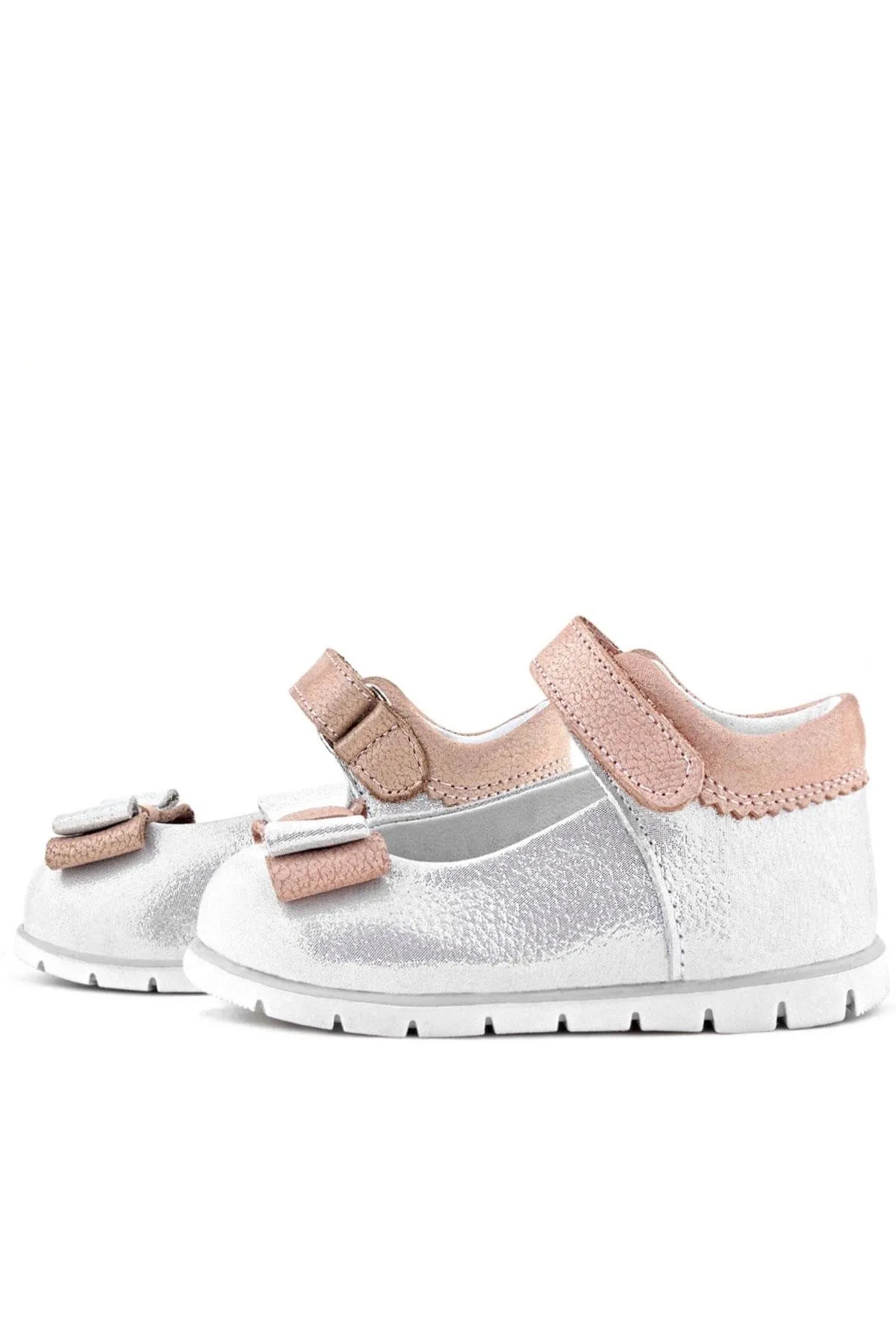 Hakiki Deri Gümüş Pudra Kız Bebek Babet Ayakkabı