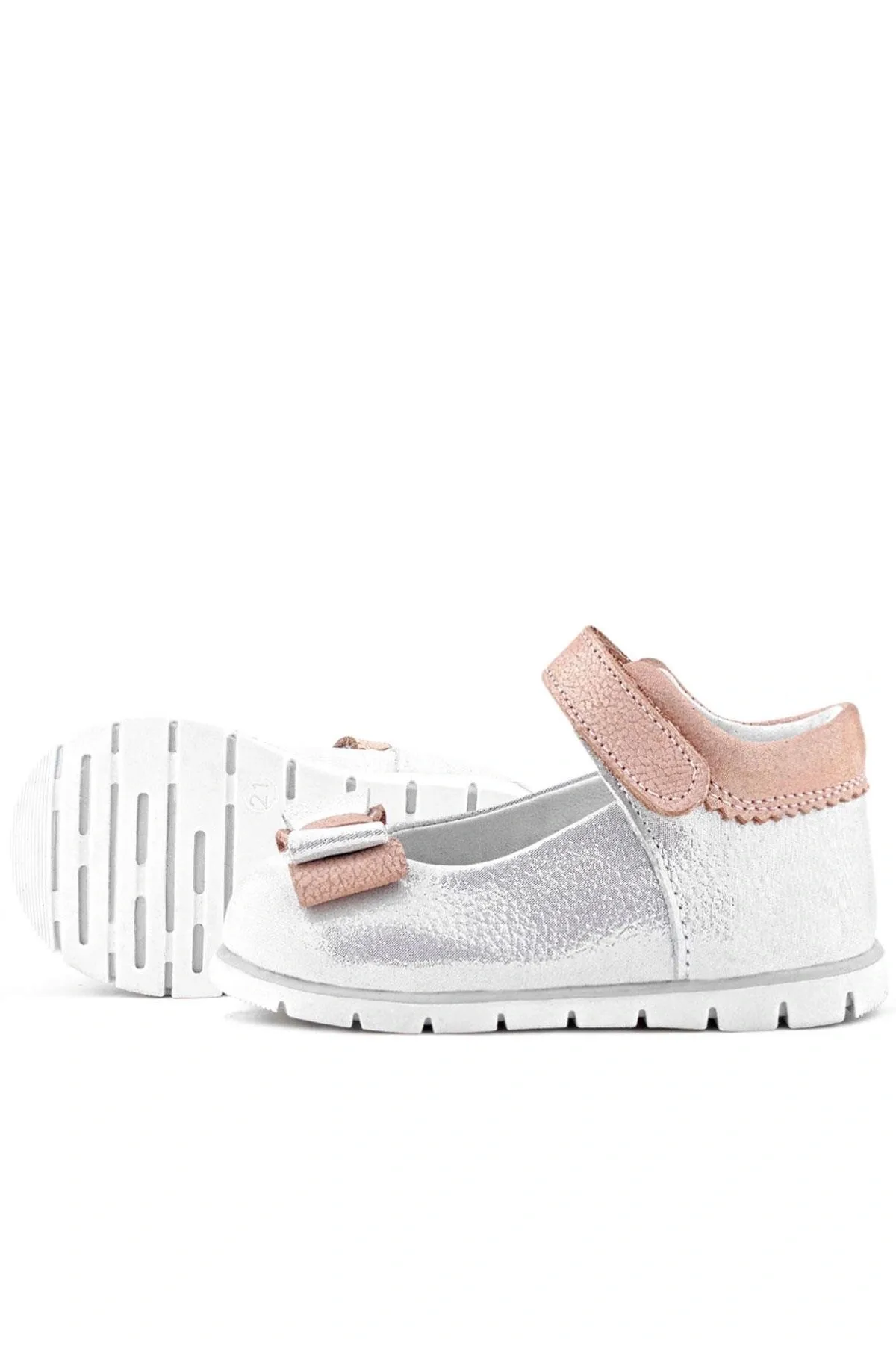 Hakiki Deri Gümüş Pudra Kız Bebek Babet Ayakkabı