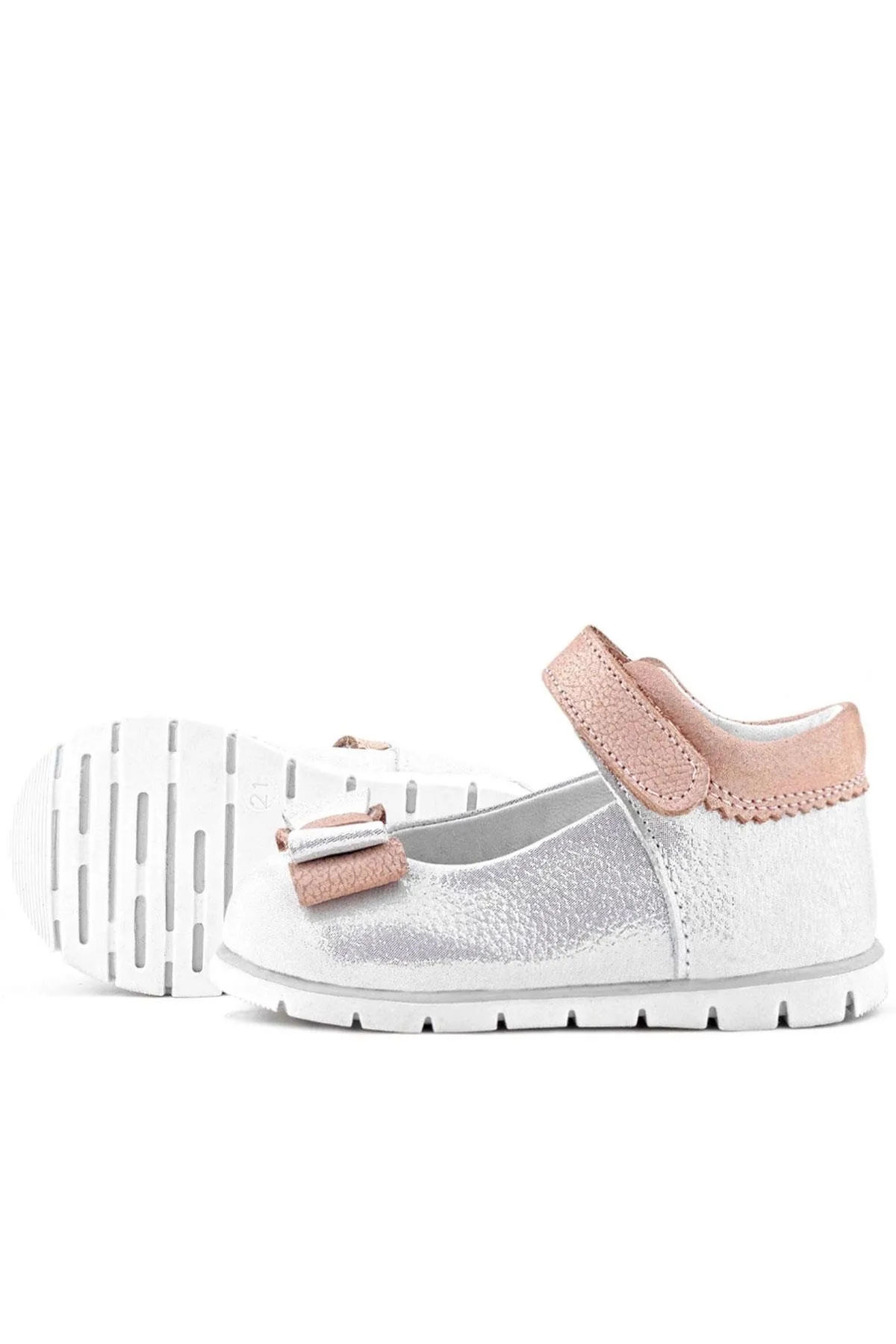 Hakiki Deri Gümüş Pudra Kız Bebek Babet Ayakkabı