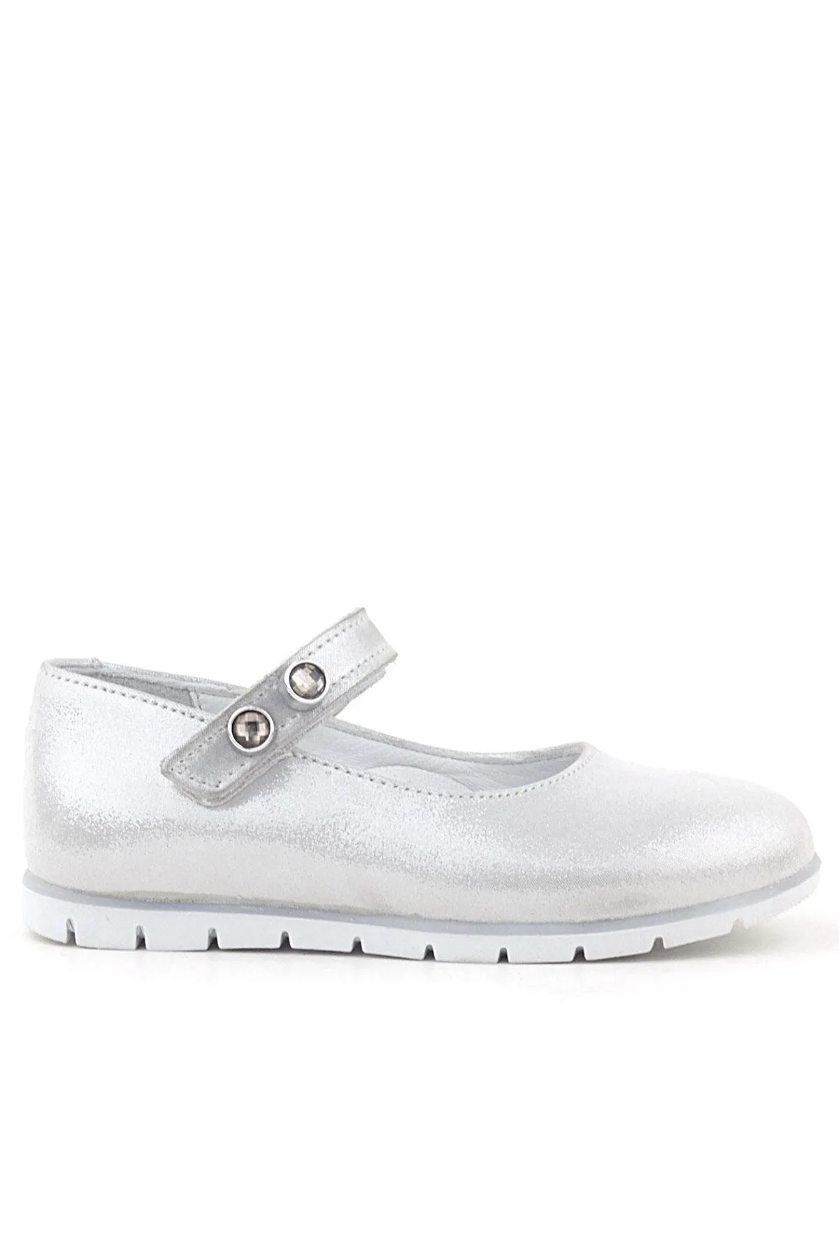 Hakiki Deri Gümüş Taşlı Cırt Cırtlı Kız Çocuk Babet