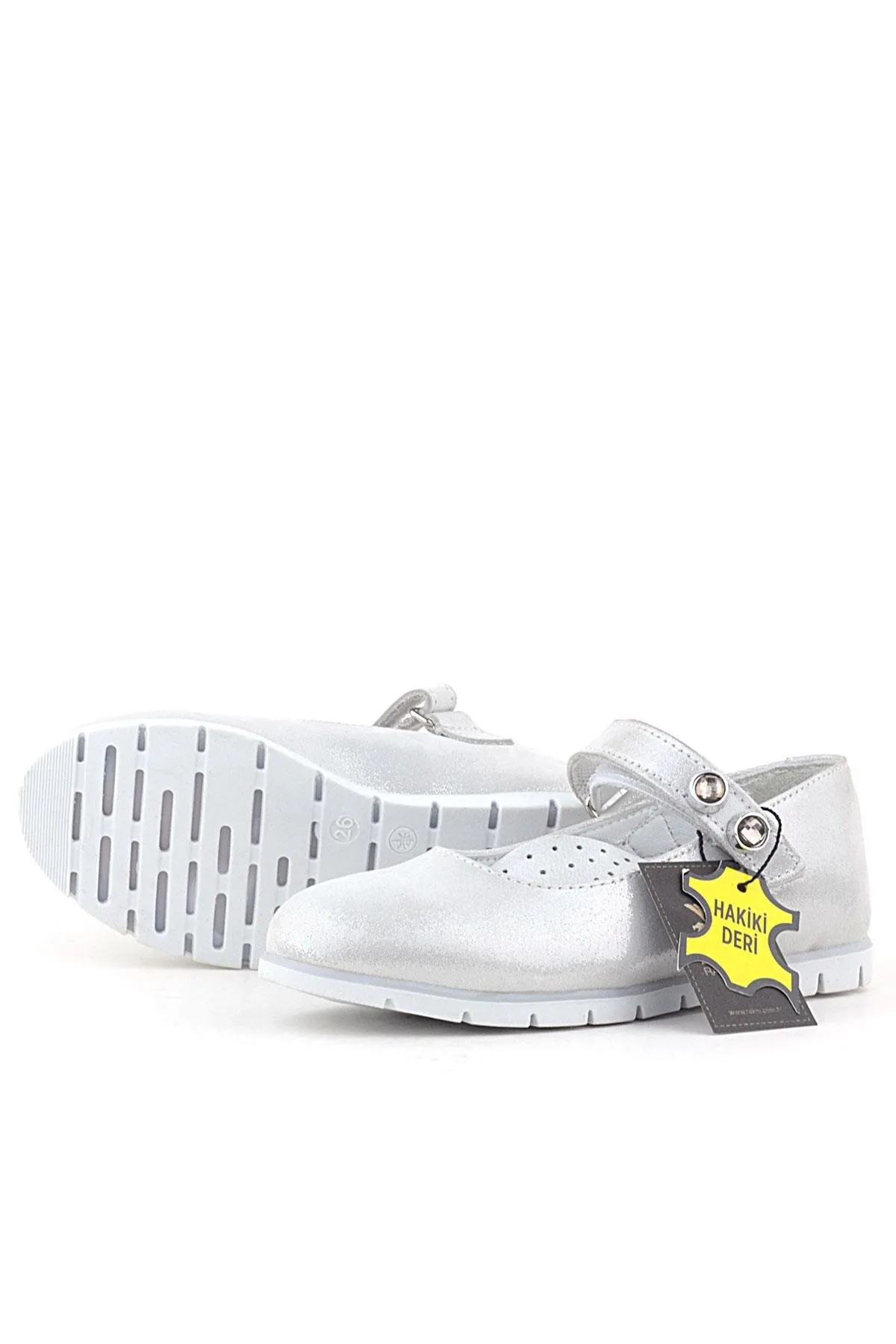 Hakiki Deri Gümüş Taşlı Cırt Cırtlı Kız Çocuk Babet