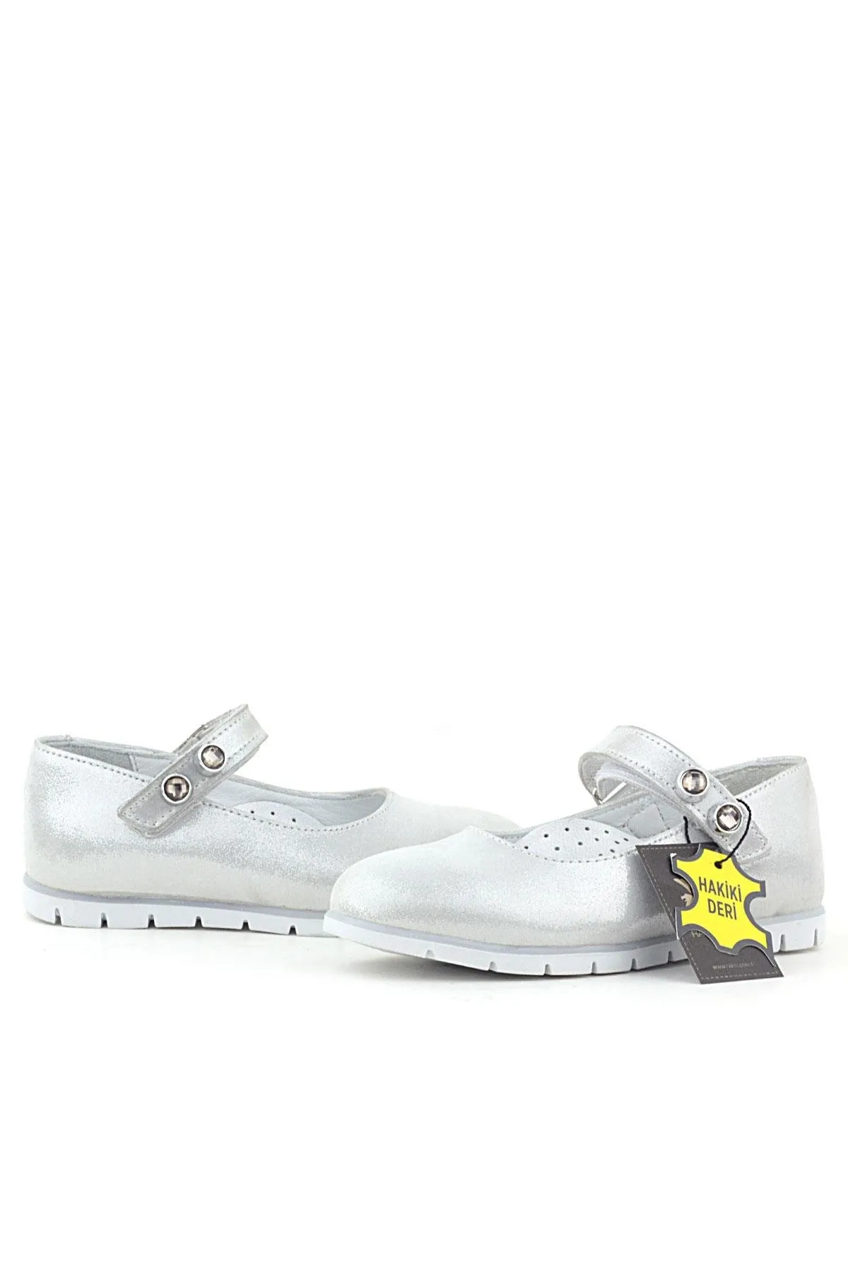 Hakiki Deri Gümüş Taşlı Cırt Cırtlı Kız Çocuk Babet