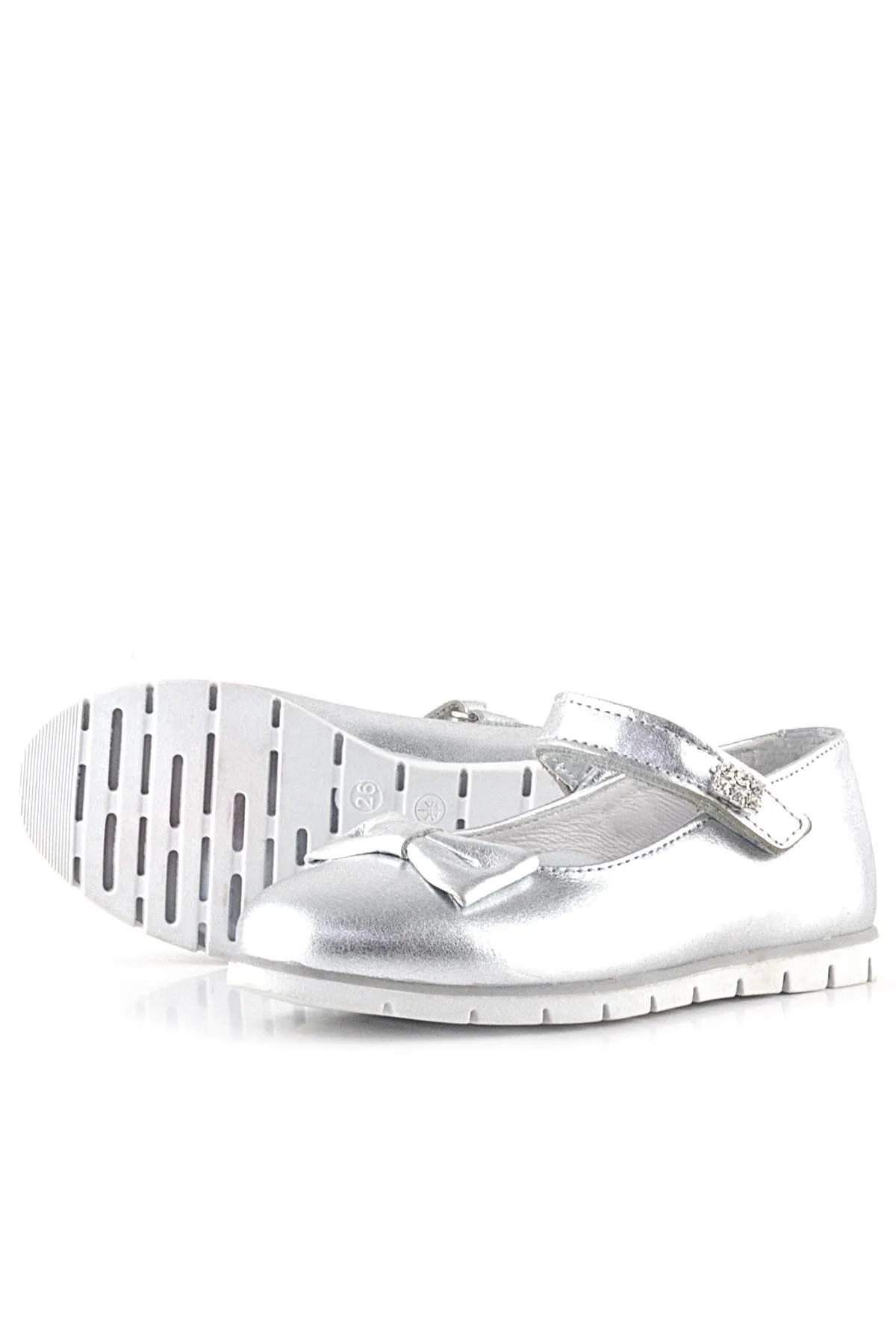 Hakiki Deri Gümüş Taşlı Cırtlı Kız Çocuk Babet