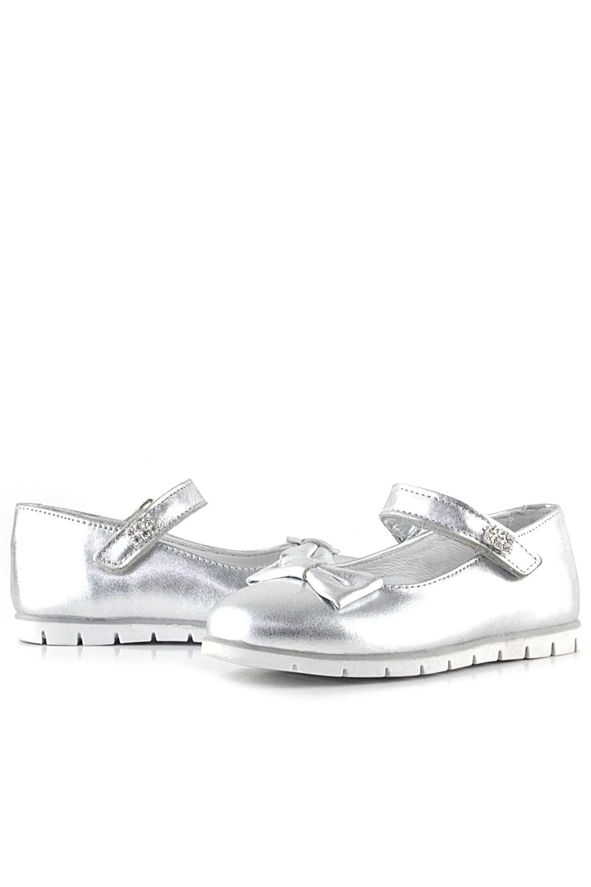 Hakiki Deri Gümüş Taşlı Cırtlı Kız Çocuk Babet