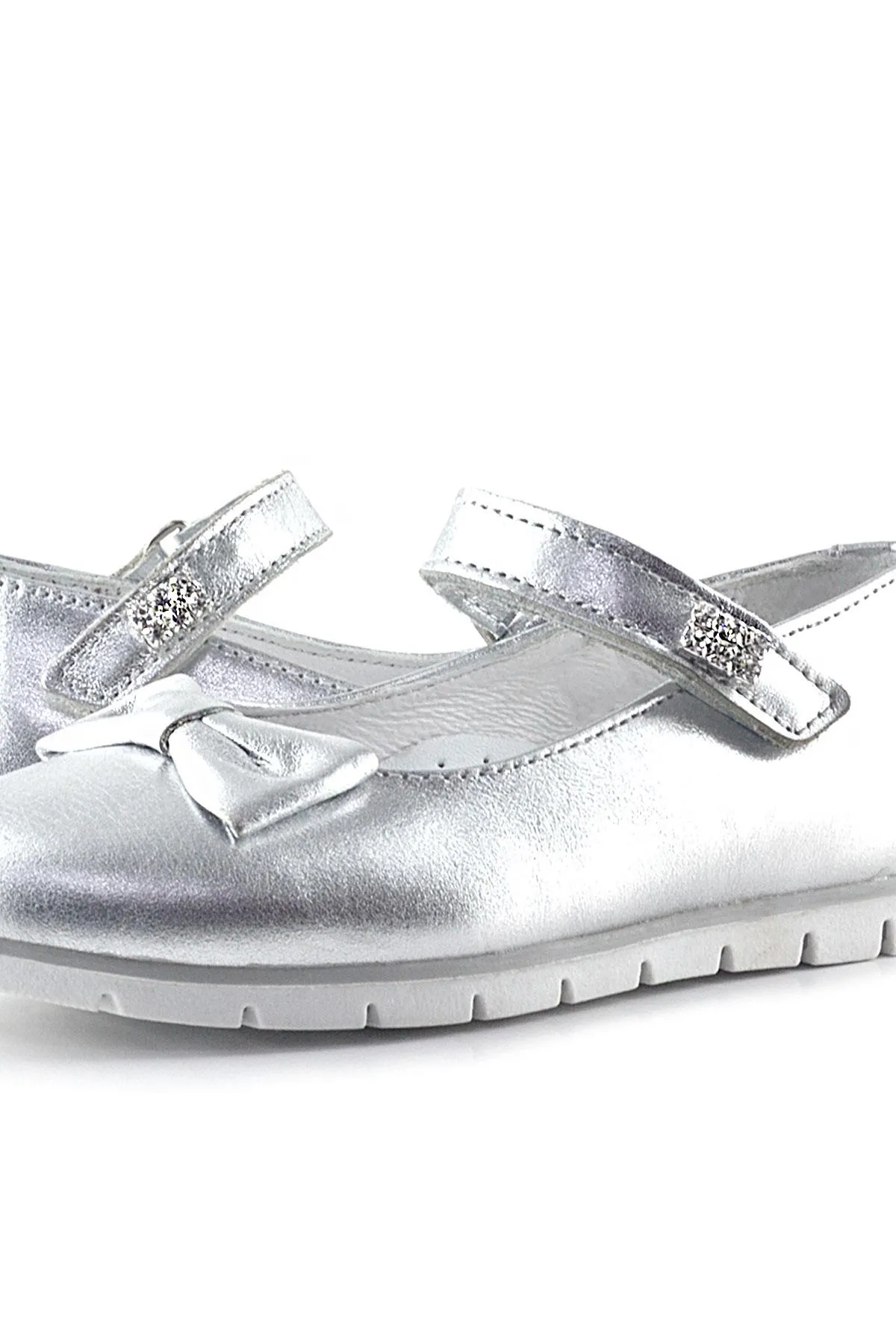 Hakiki Deri Gümüş Taşlı Cırtlı Kız Çocuk Babet