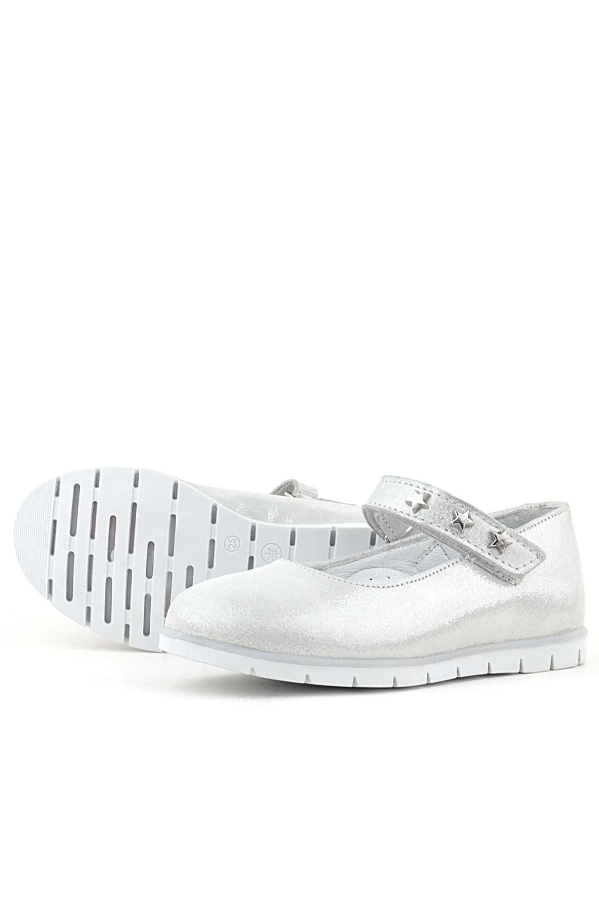 Hakiki Deri Gümüş Yıldızlı Cırtlı Kız Çocuk Babet