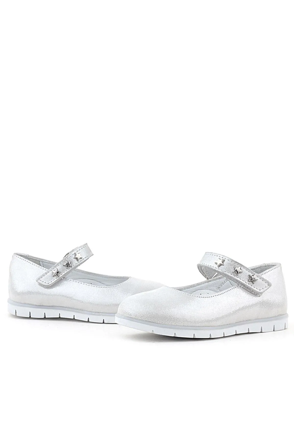 Hakiki Deri Gümüş Yıldızlı Cırtlı Kız Çocuk Babet