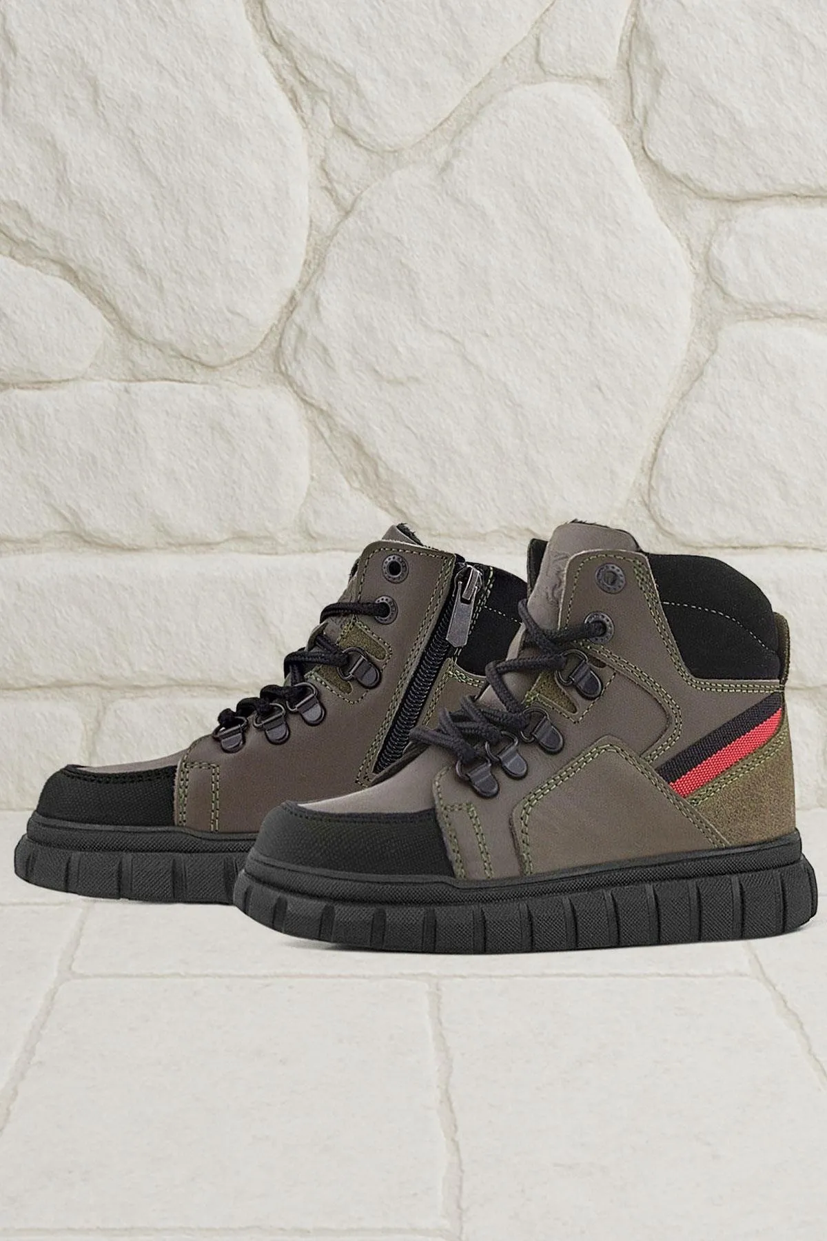 Hakiki Deri Haki Yeşil Fermuarlı Erkek Çocuk Bot