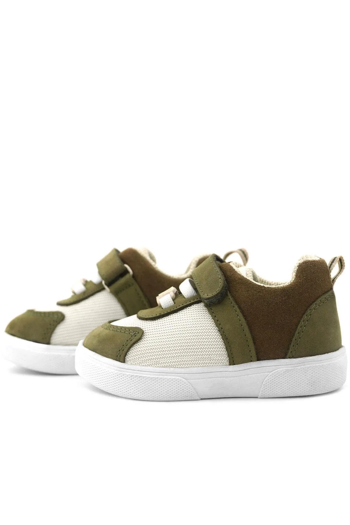 Hakiki Deri Haki Yeşil Krem Rengi Cırtlı Bebek Ayakkabı