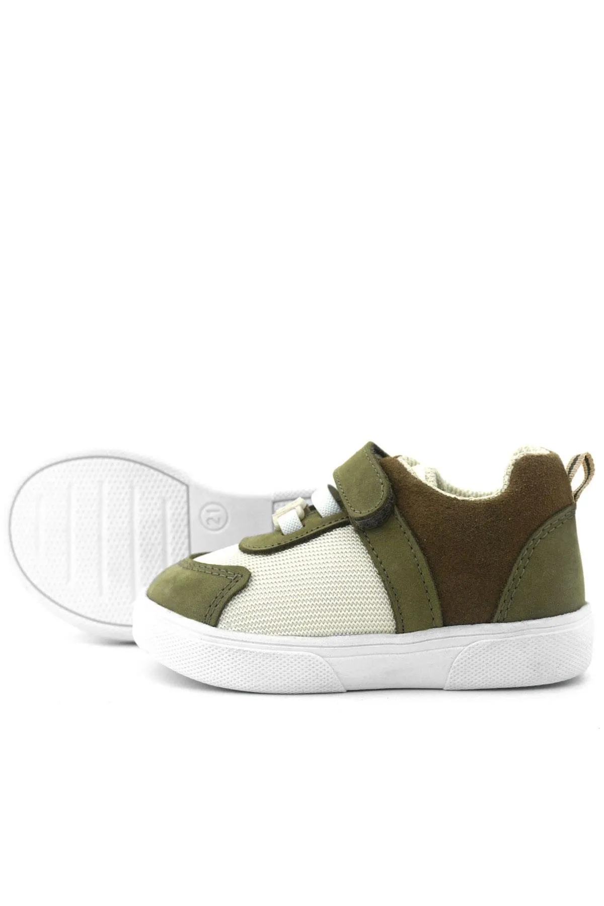 Hakiki Deri Haki Yeşil Krem Rengi Cırtlı Bebek Ayakkabı