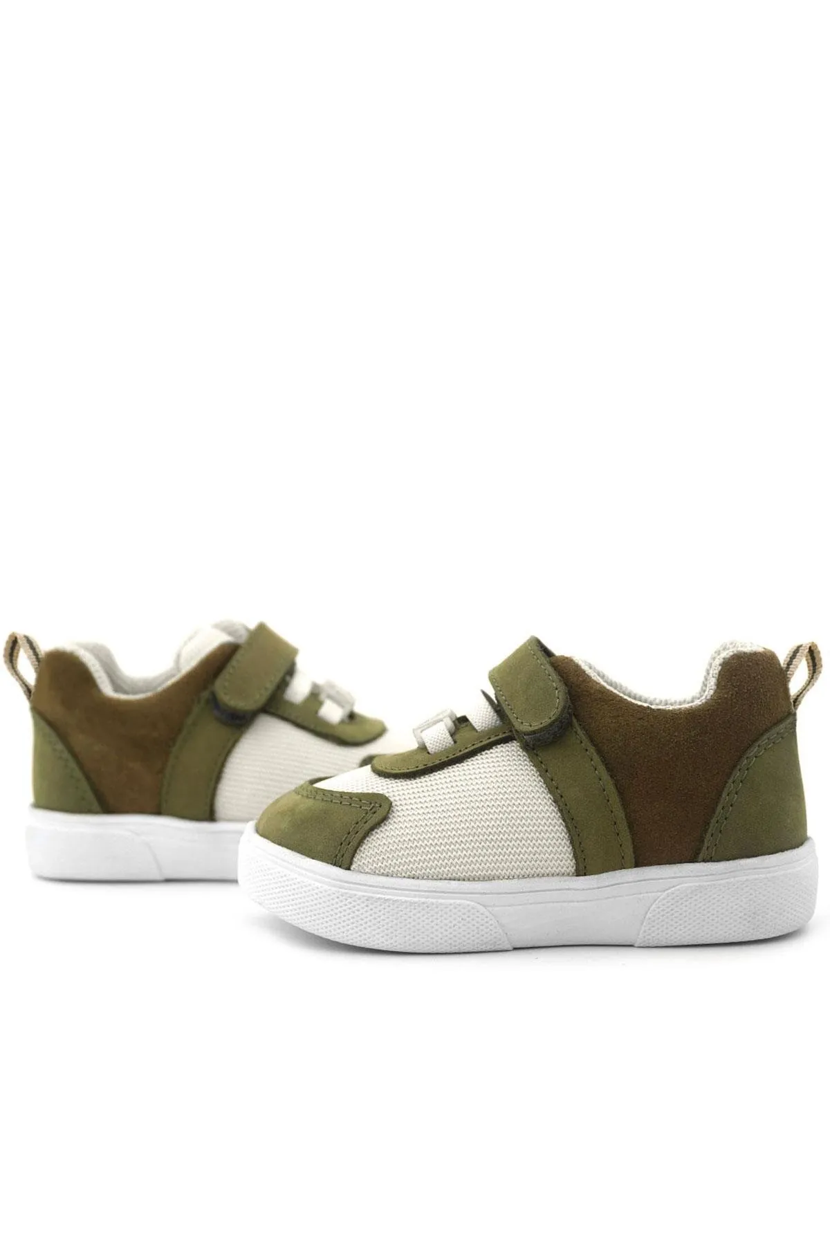 Hakiki Deri Haki Yeşil Krem Rengi Cırtlı Bebek Ayakkabı