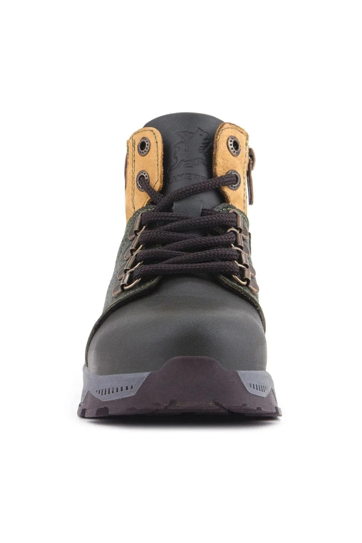 Hakiki Deri Haki Yeşil Sarı Fermuarlı Trekking Çocuk Bot