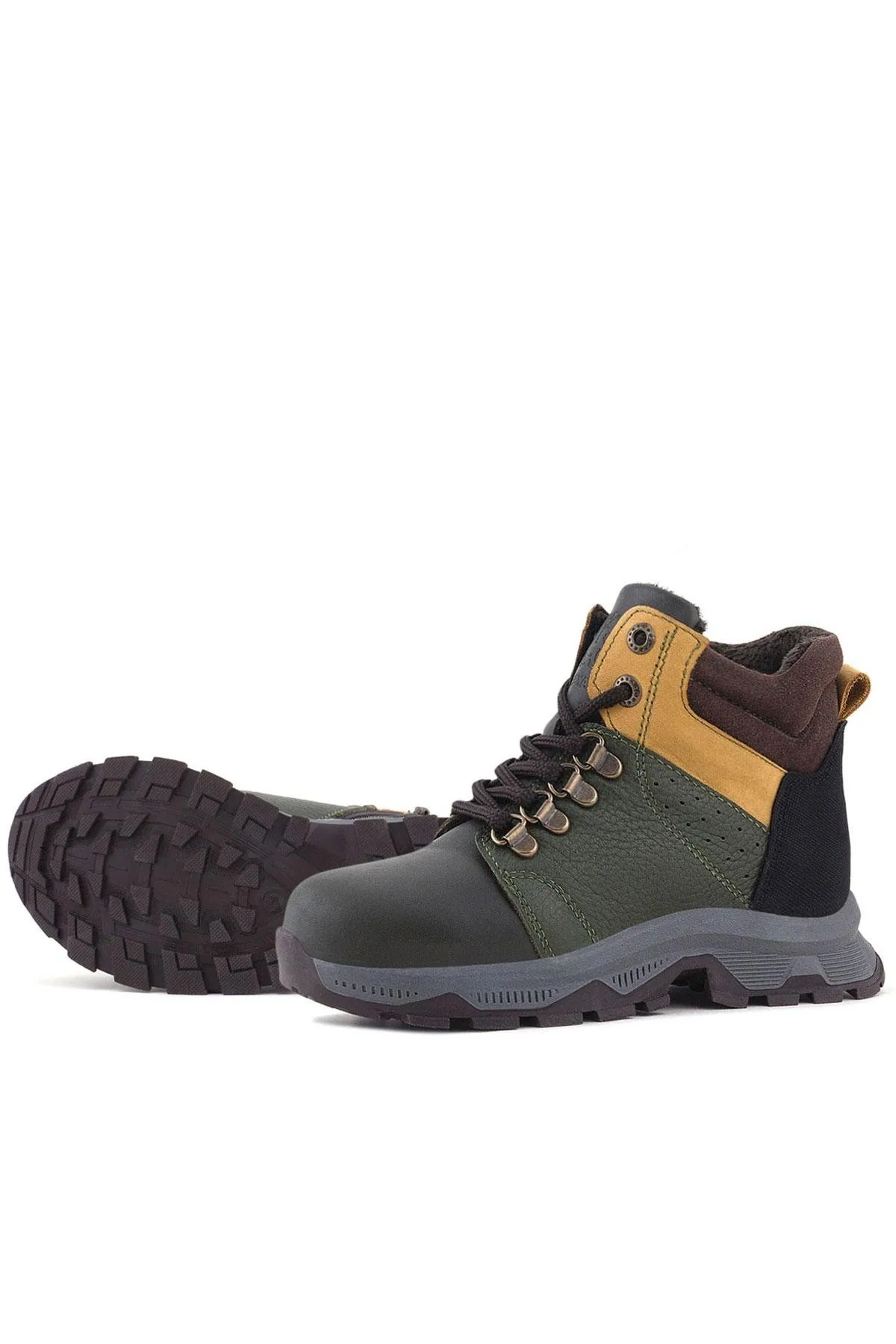 Hakiki Deri Haki Yeşil Sarı Fermuarlı Trekking Çocuk Bot