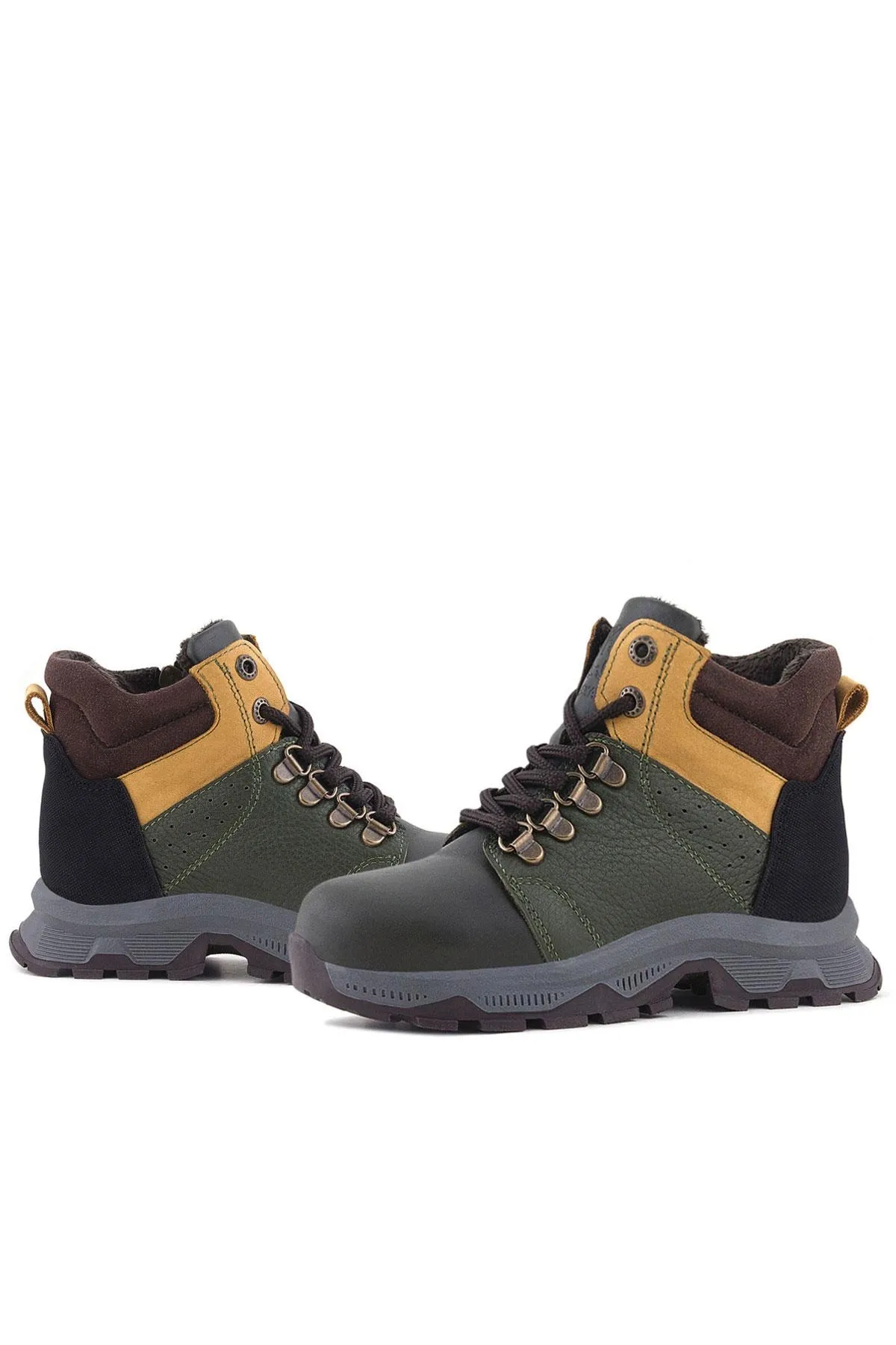 Hakiki Deri Haki Yeşil Sarı Fermuarlı Trekking Çocuk Bot