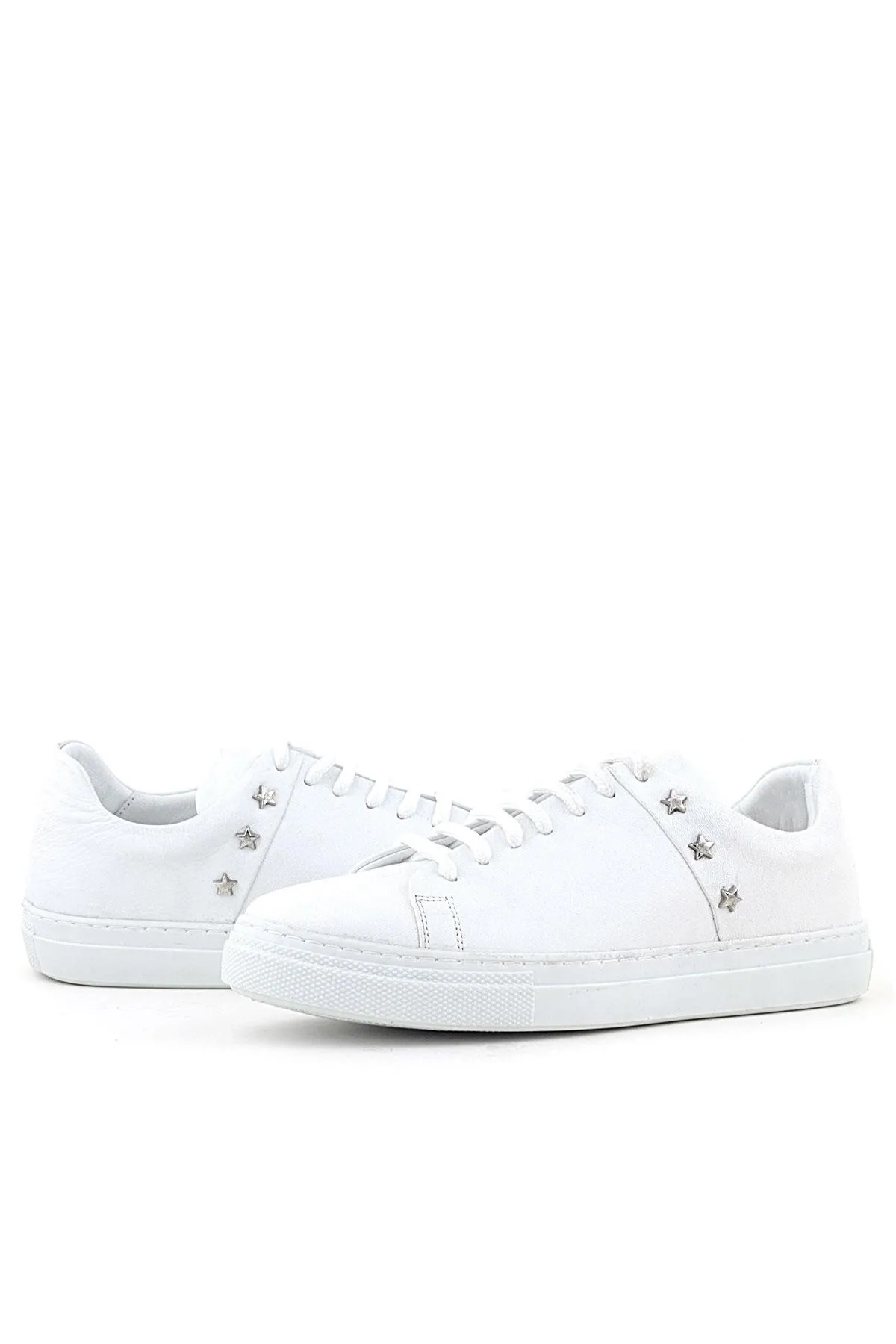 Hakiki Deri Kadın Beyaz Bağcıklı Yıldızlı Sneaker Ayakkabı