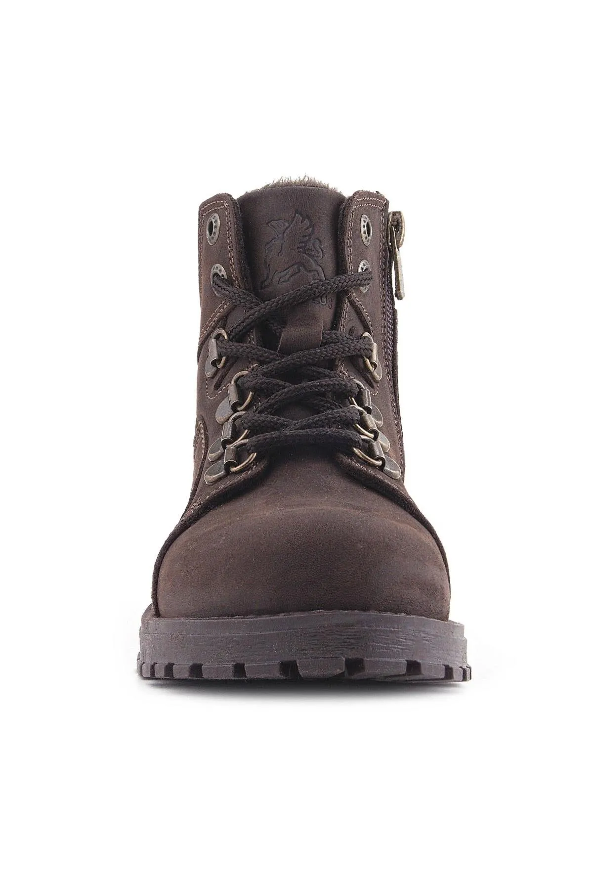 Hakiki Deri Kahve Nubuk Fermuarlı Kürklü Çocuk Bot