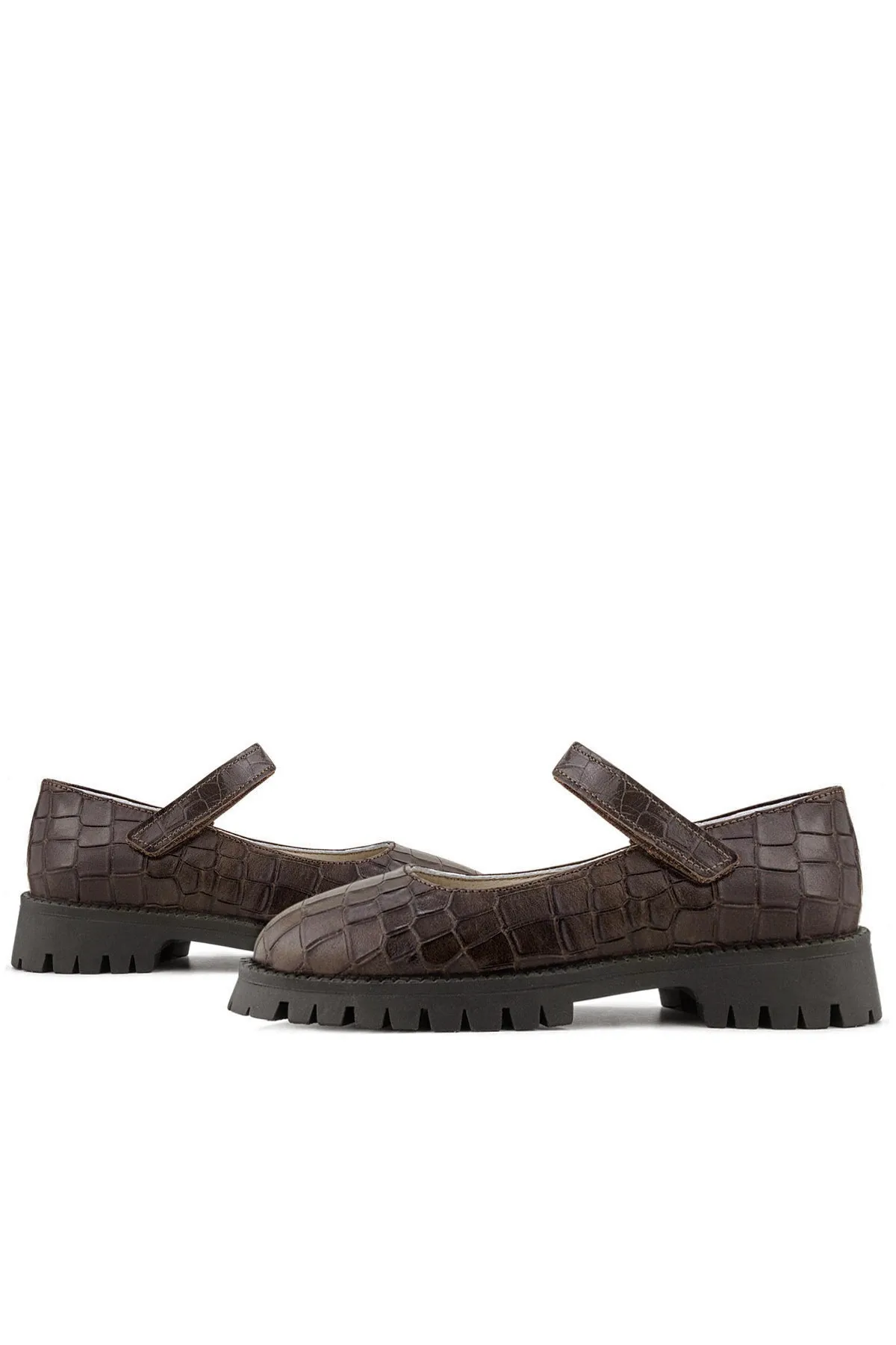 Hakiki Deri Kahverengi Desenli Cırtlı Kalın Tabanlı Kız Çocuk Ayakkabısı