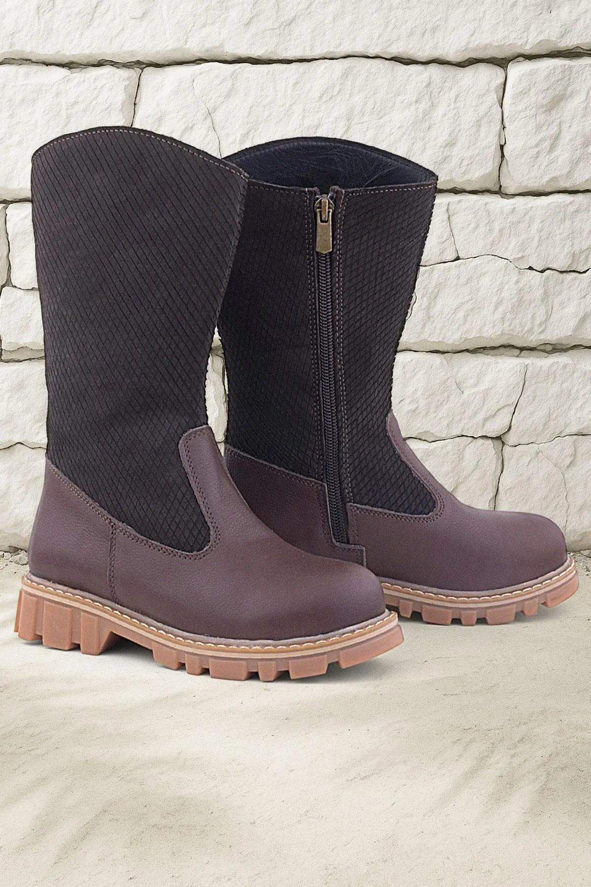 Hakiki Deri Kahverengi Fermuarlı Uzun Kız Çocuk Çizme