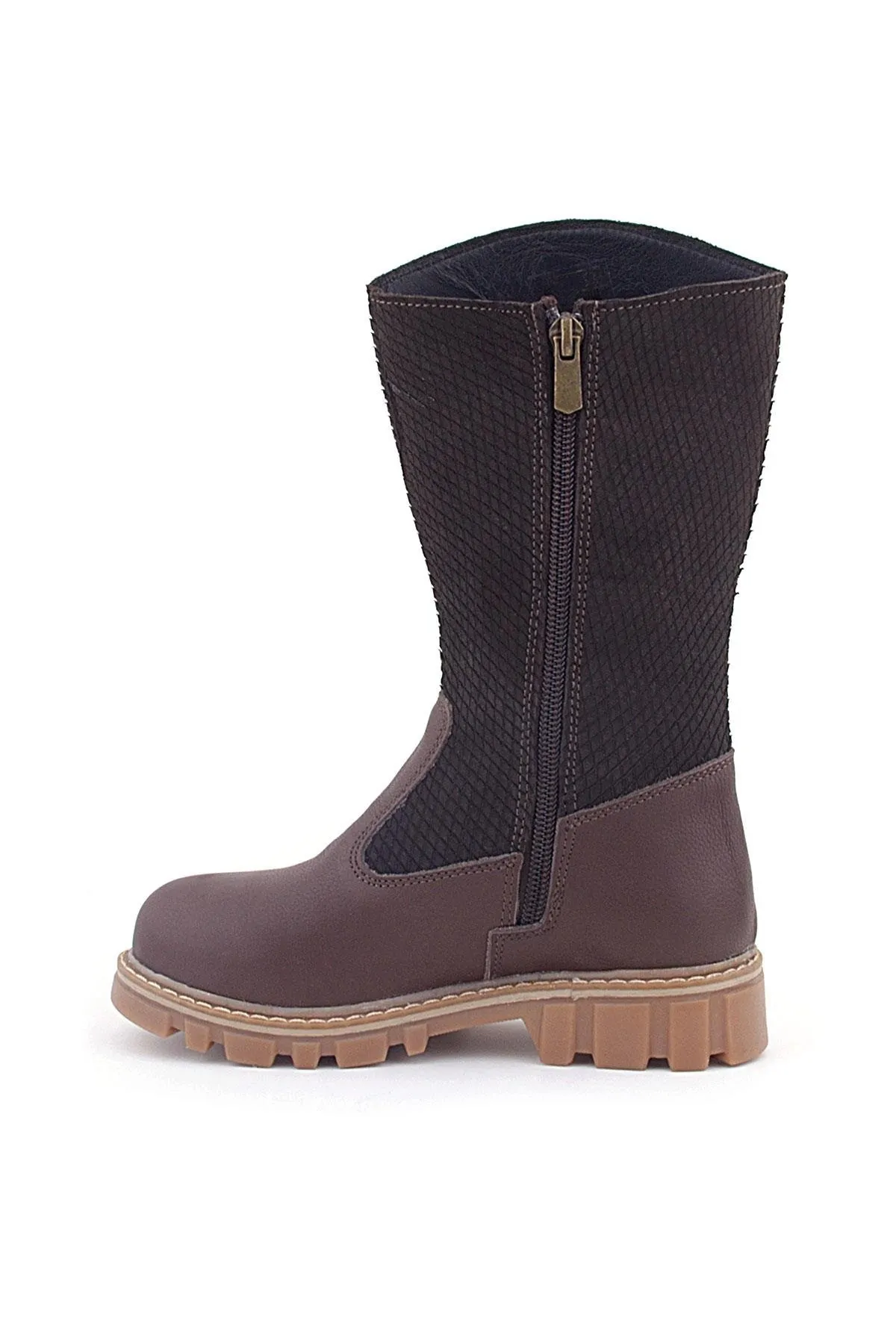 Hakiki Deri Kahverengi Fermuarlı Uzun Kız Çocuk Çizme