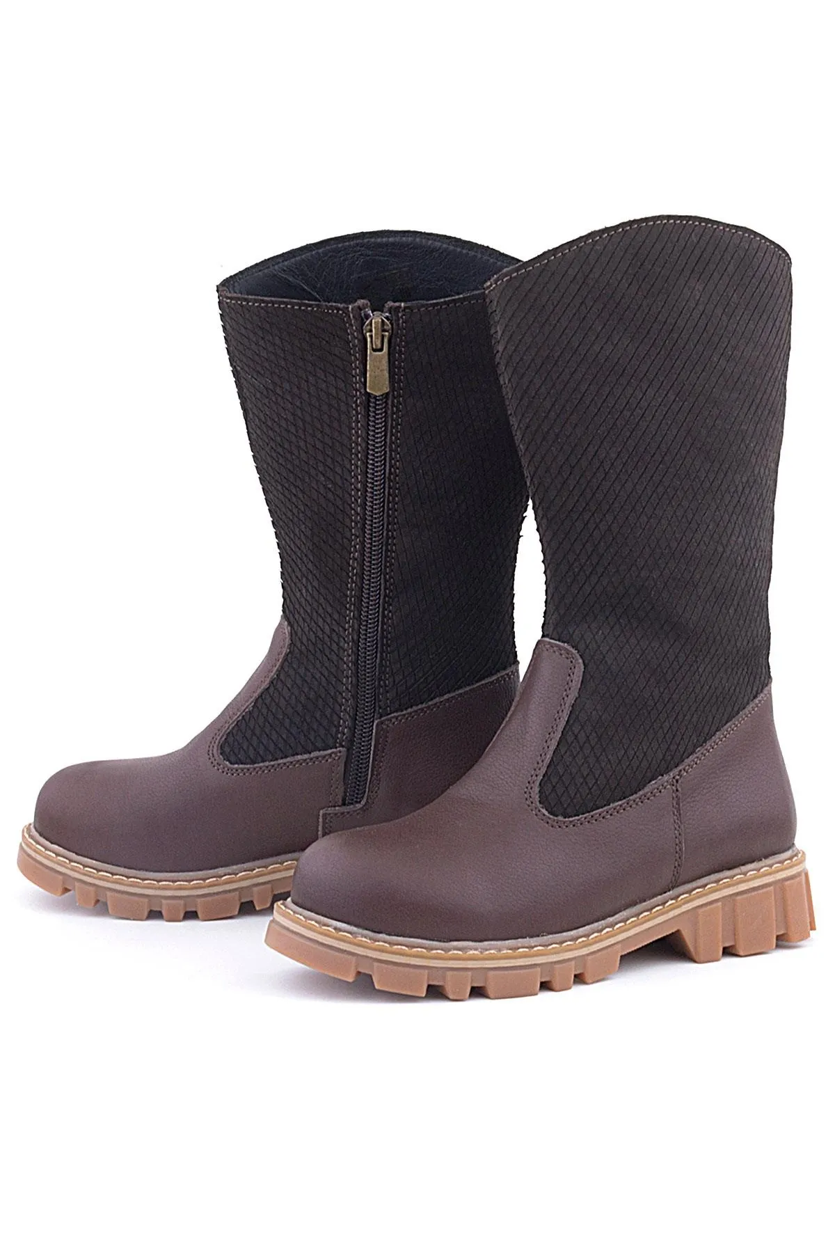 Hakiki Deri Kahverengi Fermuarlı Uzun Kız Çocuk Çizme