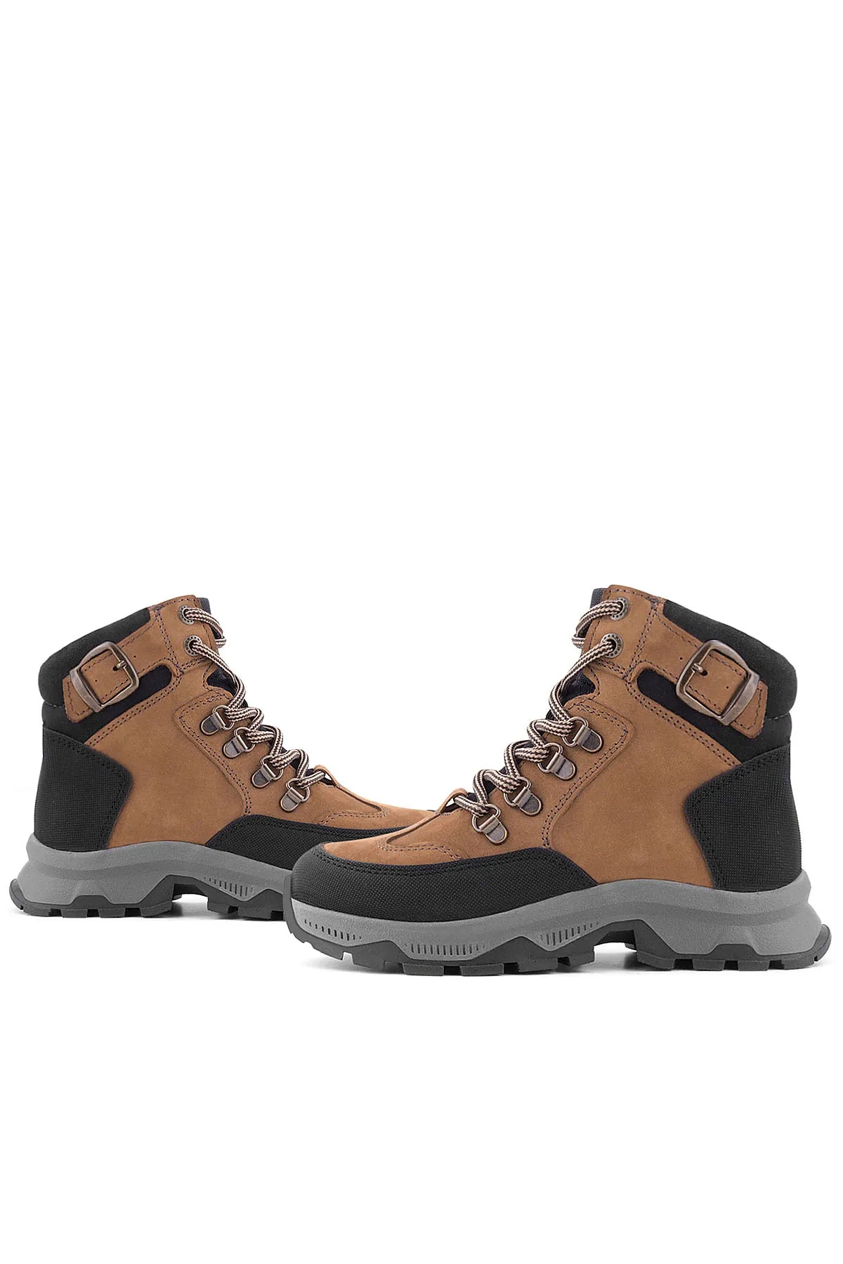 Hakiki Deri Kahverengi Siyah Bağcıklı Fermuarlı Trekking Çocuk Bot