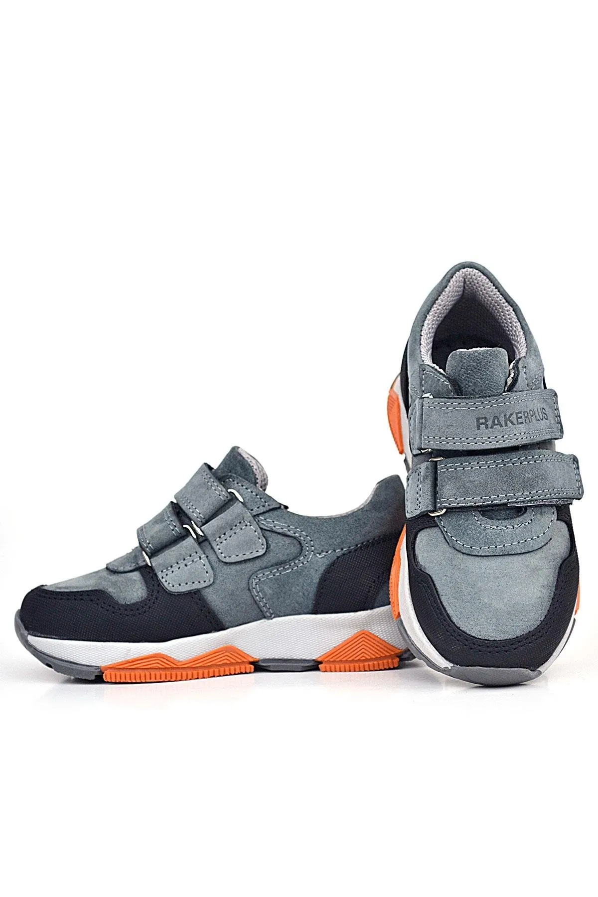 Hakiki Deri Koyu Gri Çocuk Cırtlı Sneakers Spor Ayakkabı