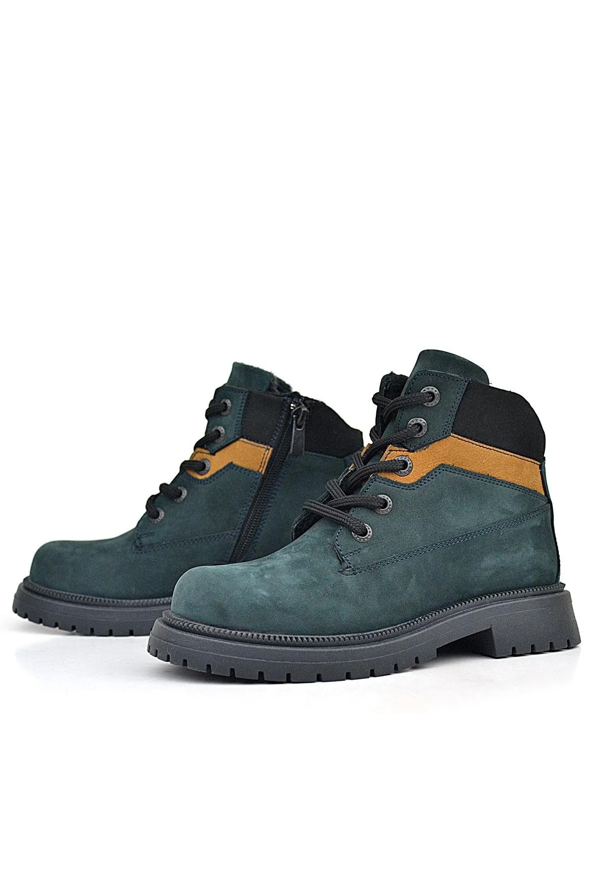 Hakiki Deri Koyu Yeşil Taba Bağcıklı Fermuarlı Kışlık Çocuk Bot