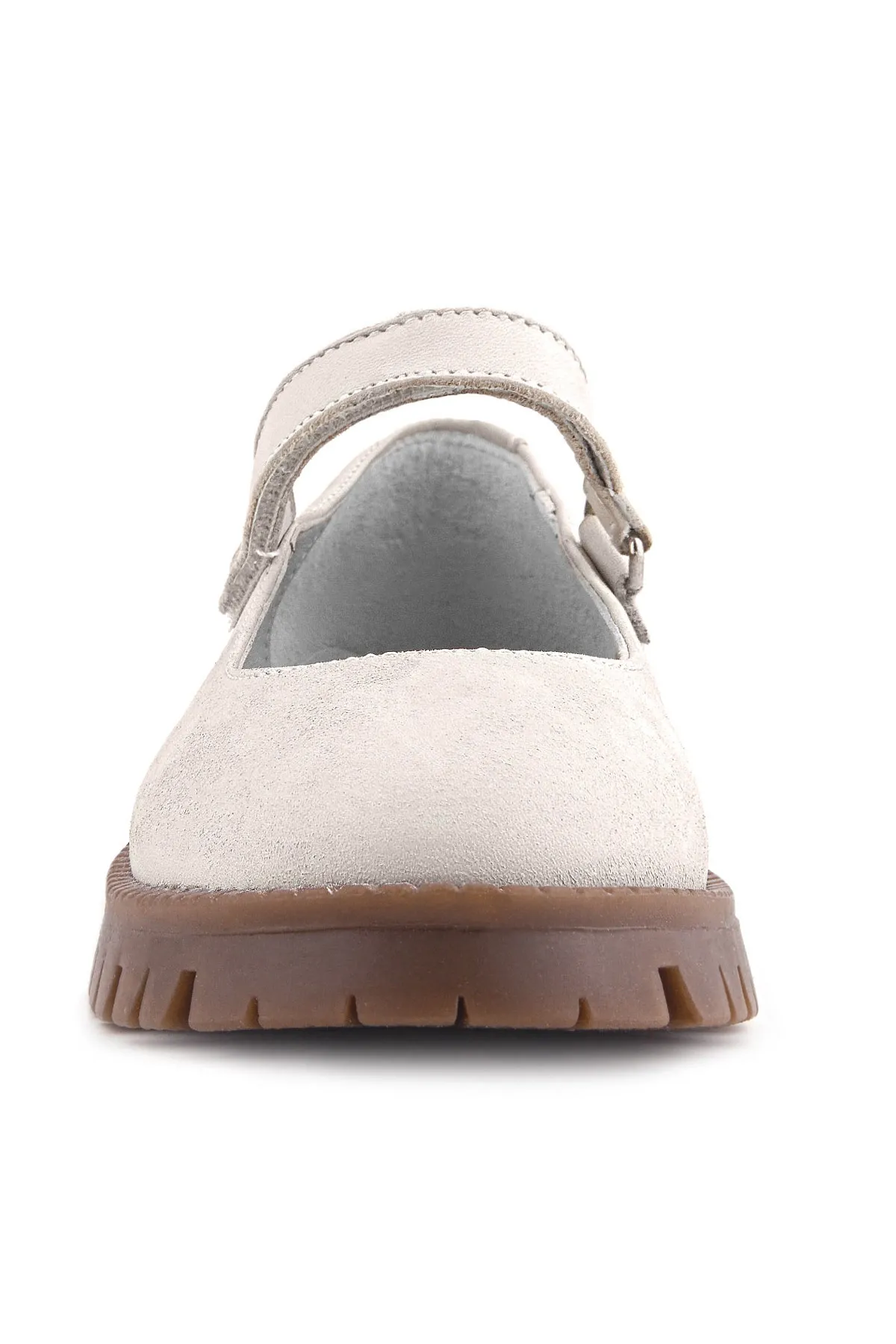 Hakiki Deri Krem Nubuk Cırtlı Kalın Tabanlı Kız Çocuk Okul Ayakkabısı