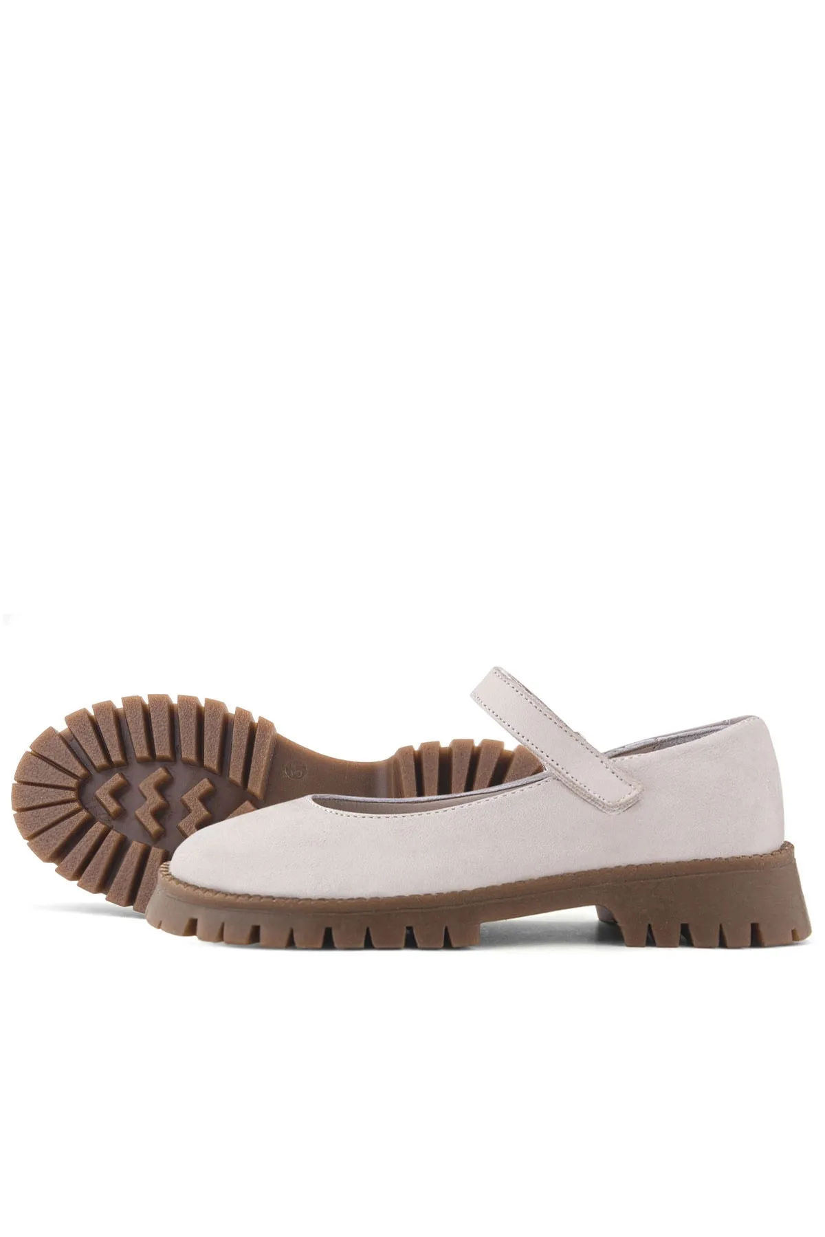 Hakiki Deri Krem Nubuk Cırtlı Kalın Tabanlı Kız Çocuk Okul Ayakkabısı