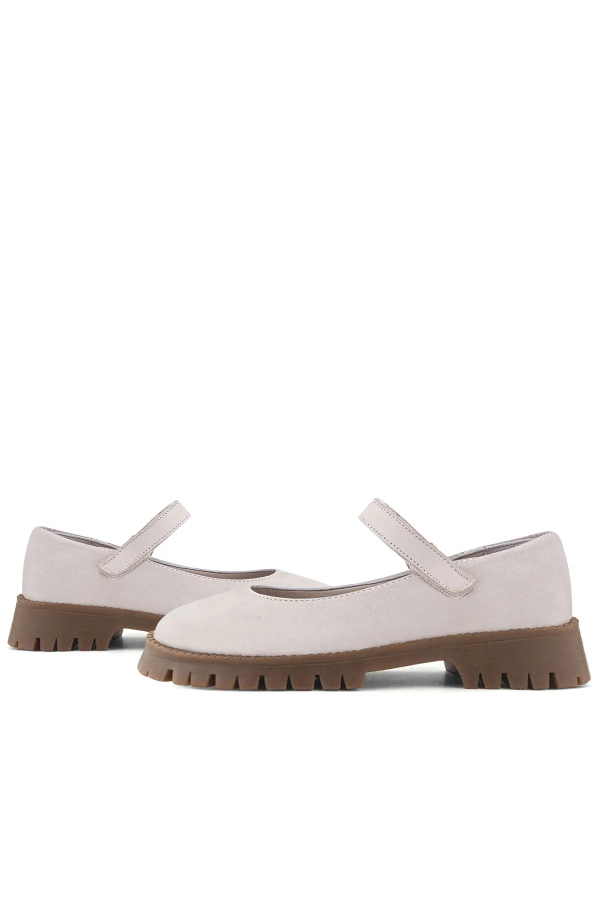 Hakiki Deri Krem Nubuk Cırtlı Kalın Tabanlı Kız Çocuk Okul Ayakkabısı