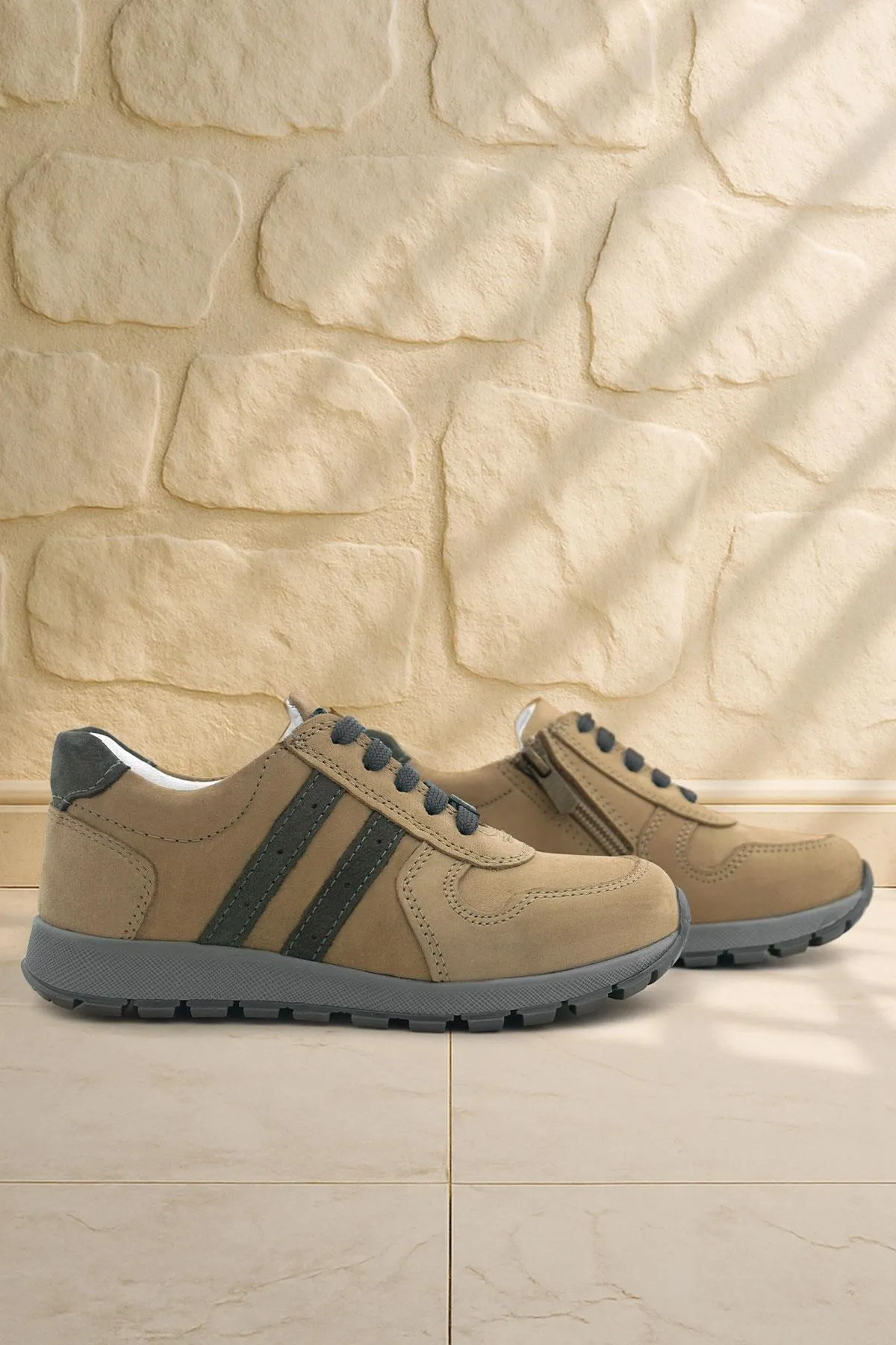 Hakiki Deri Kum Fermuarlı Bağcıklı Erkek Çocuk Spor Okul Ayakkabı