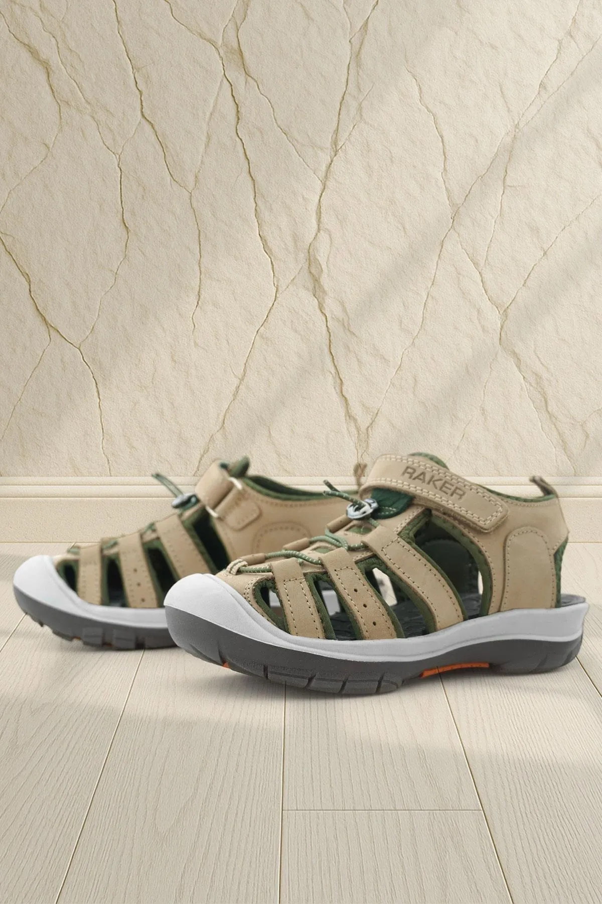 Hakiki Deri Kum Rengi Haki Yeşil Çocuk Sandalet