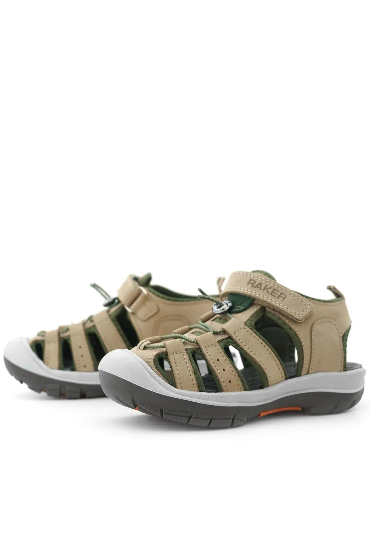 Hakiki Deri Kum Rengi Haki Yeşil Çocuk Sandalet